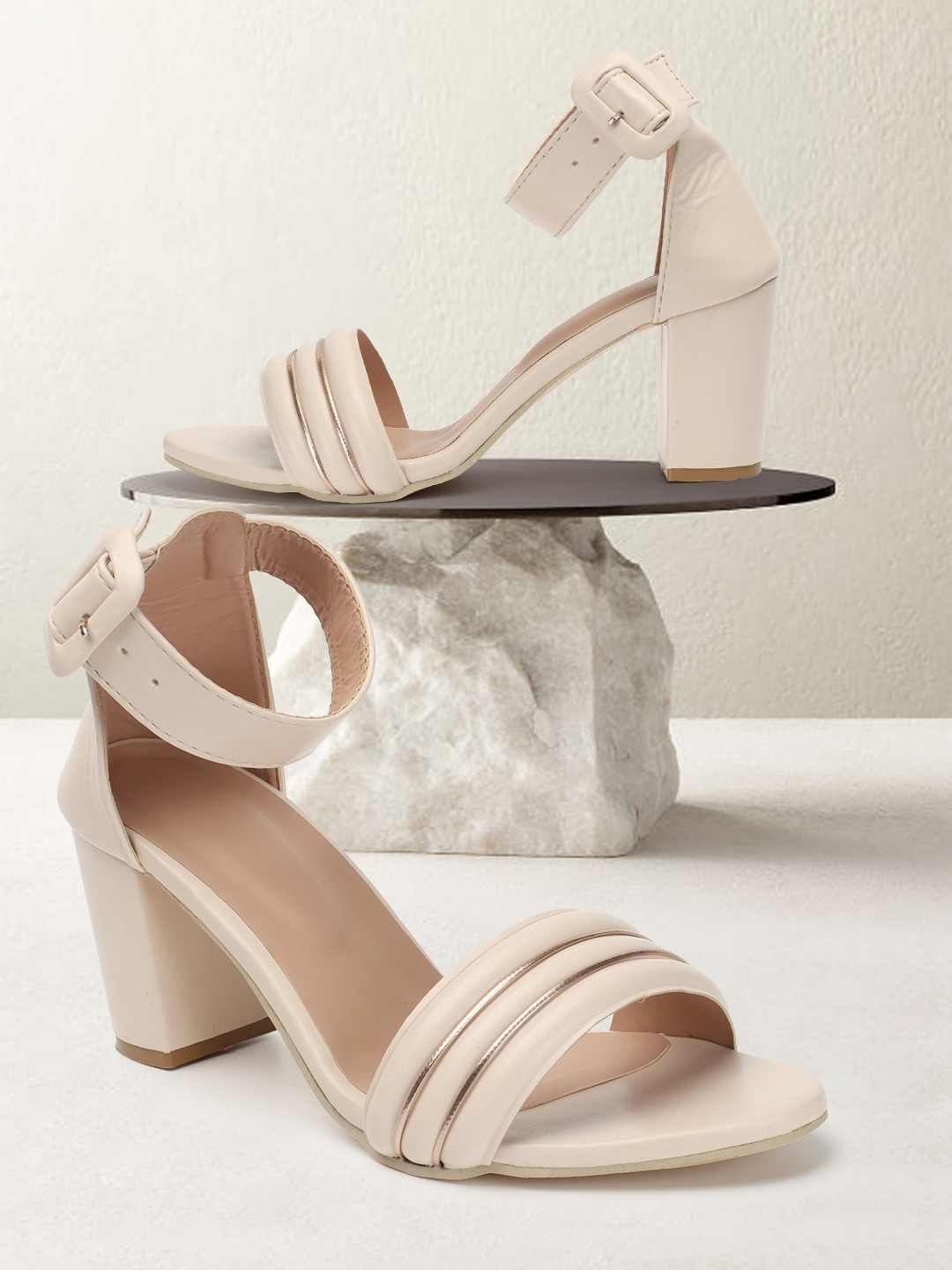 

DressBerry Cream Coloured Striped Buckle Detailed Block Heels
