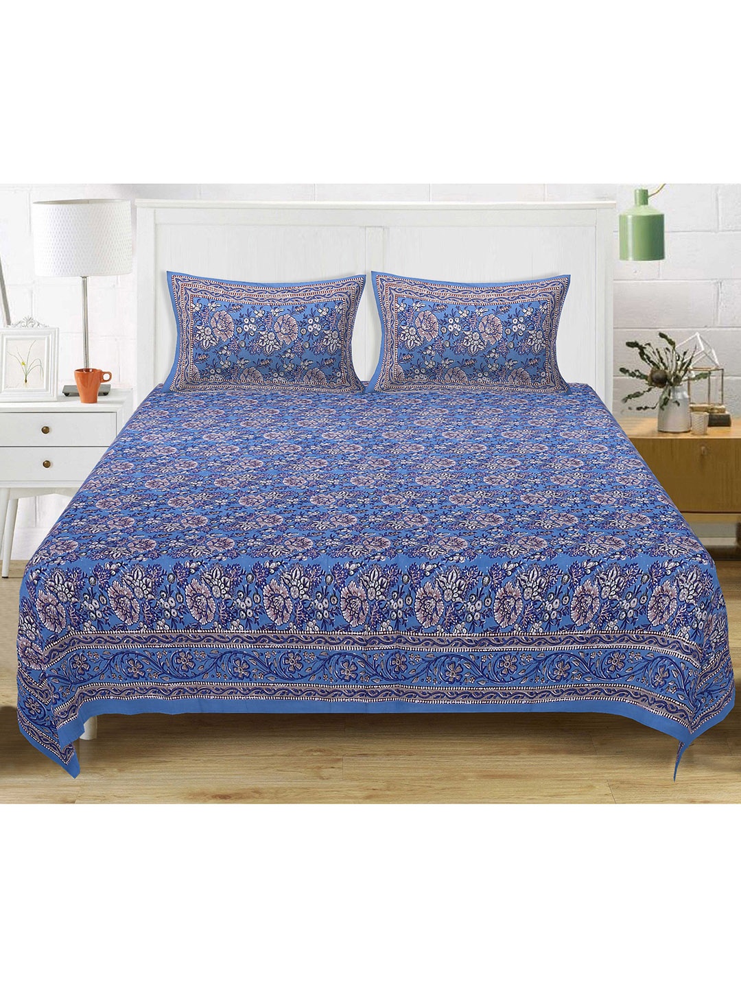 

Texstylers Ethnic Motifs 250 TC King Bedsheet with 2 Pillow Covers, Blue