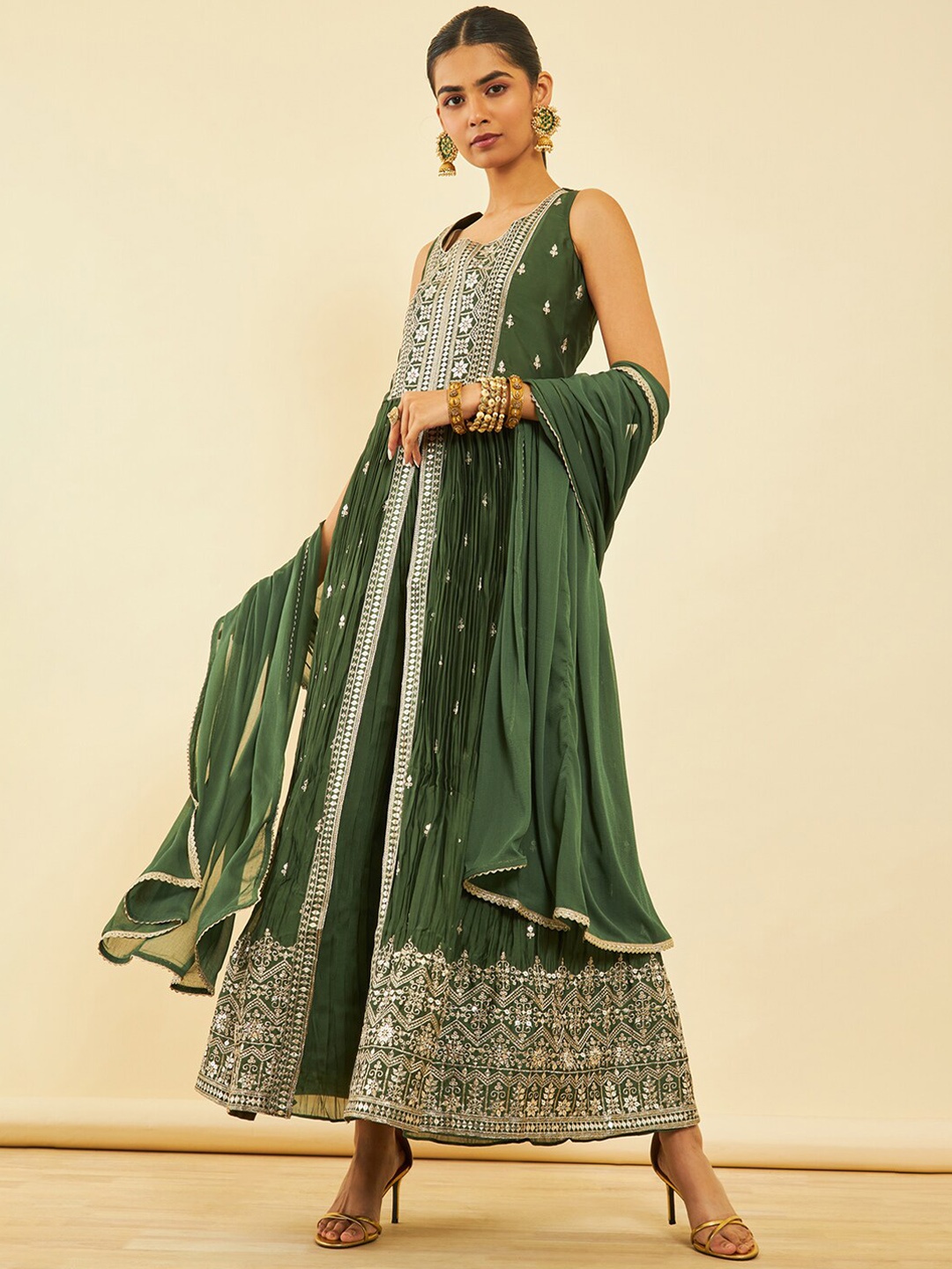 

Soch Ethnic Motifs Embroidered Pleated Front Slit Sequinned Kurta with Palazzos & Dupatta, Green