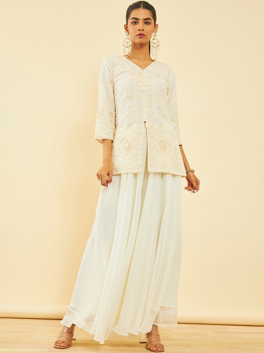 

Soch Ethnic Motifs Embroidered Regular Sequinned Kurti with Palazzos & Dupatta, Off white