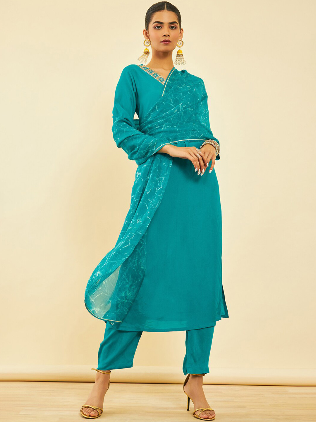 

Soch Pleated Mirror Work Kurta with Trousers & Dupatta, Teal
