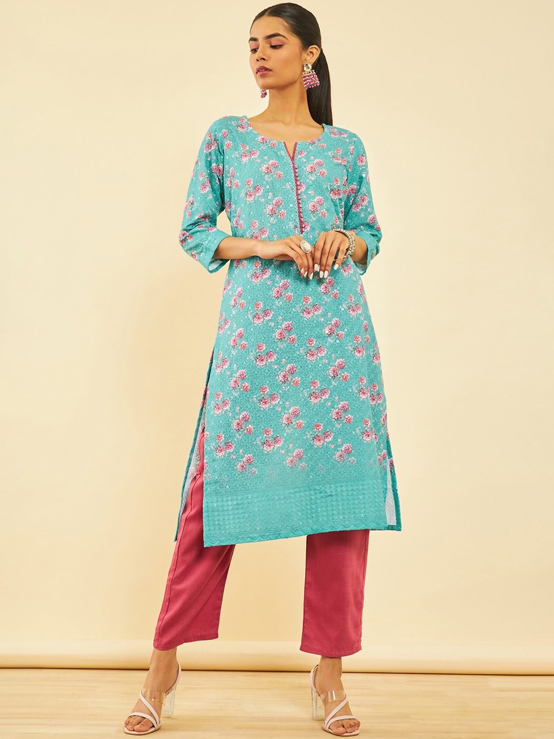

Soch Floral Printed Regular Kurta with Trousers, Turquoise blue