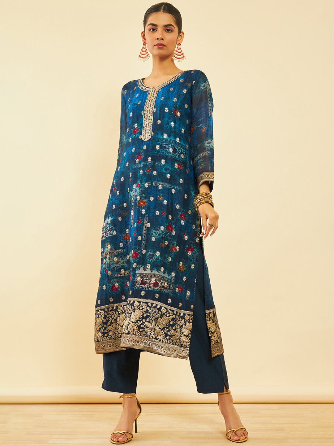 

Soch Ethnic Motifs Regular Zardozi Kurta with Trousers & Dupatta, Navy blue