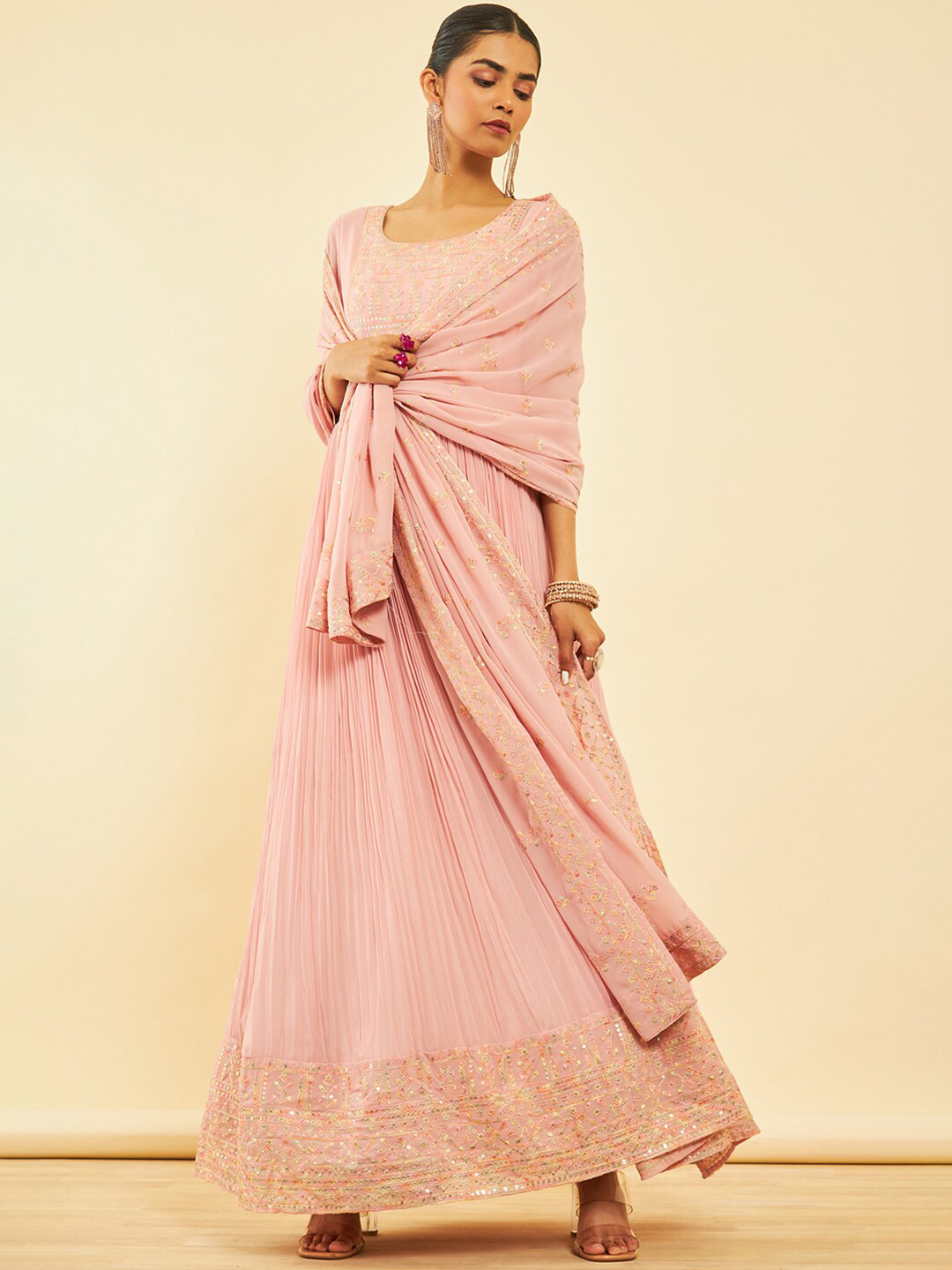 

Soch Ethnic Motifs Sequinned Empire Georgette Anarkali Kurta with Churidar & Dupatta, Peach