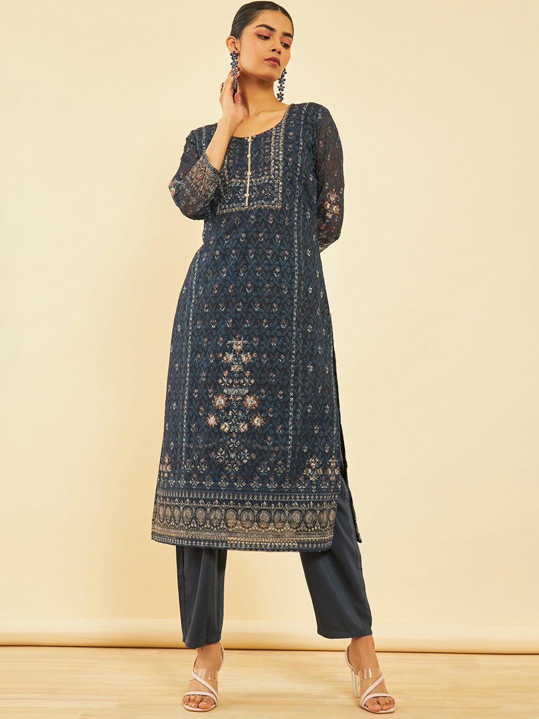 

Soch Floral Printed Regular Thread Work Kurta with Trousers, Blue