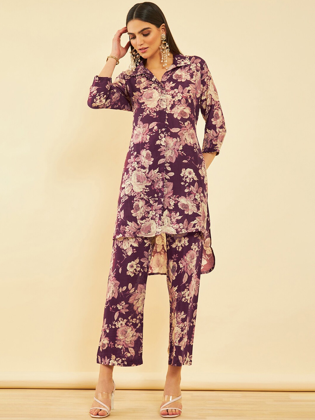 

Soch Floral Printed High-Low Regular Kurta with Trousers, Maroon