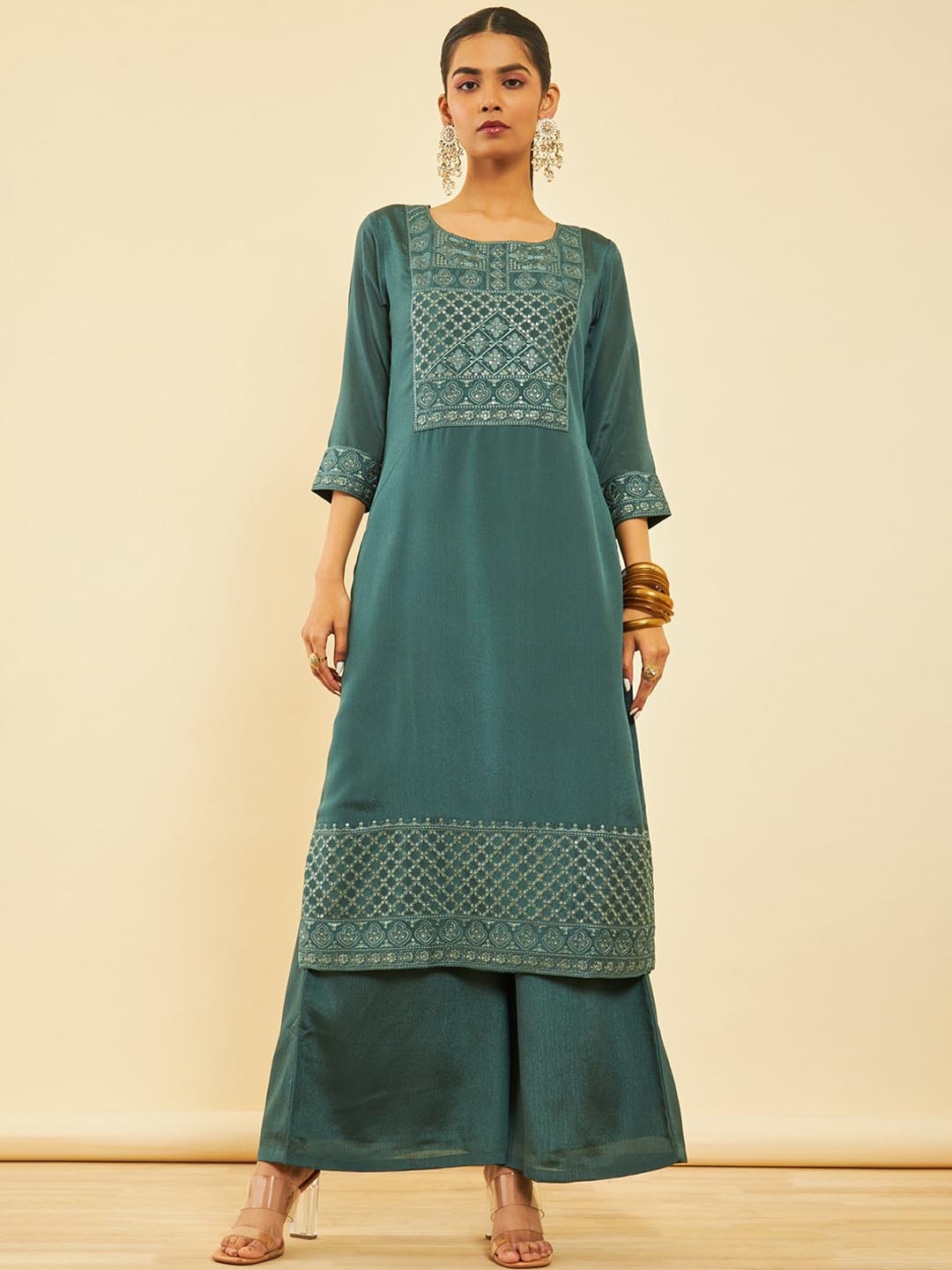 

Soch Ethnic Motifs Yoke Design Regular Sequinned Kurta with Palazzos & Dupatta, Green