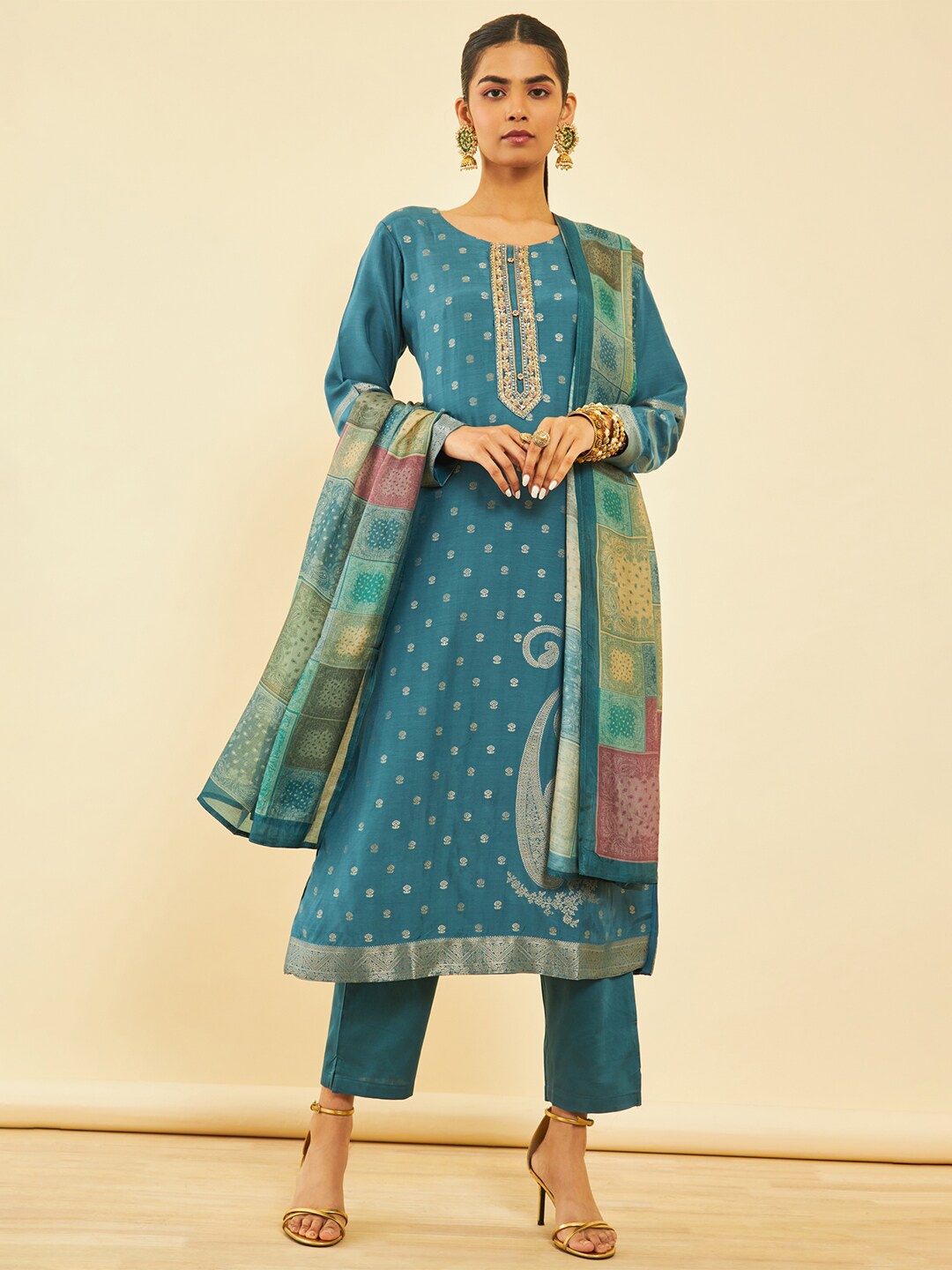 

Soch Ethnic Motifs Printed Regular Zardozi Kurta with Trousers & Dupatta, Teal