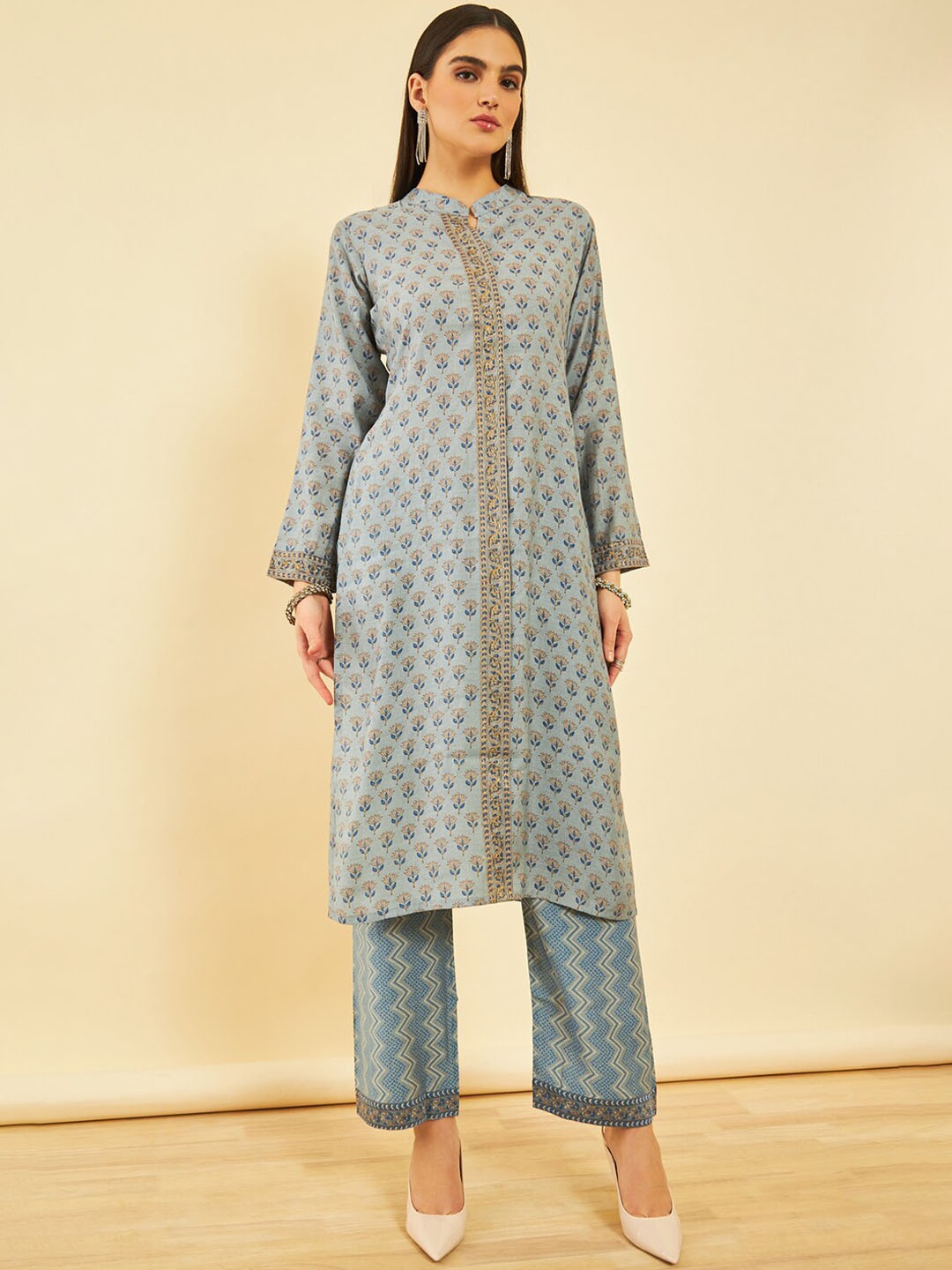 

Soch Ethnic Motifs Printed Regular Thread Work Kurta with Trousers, Blue