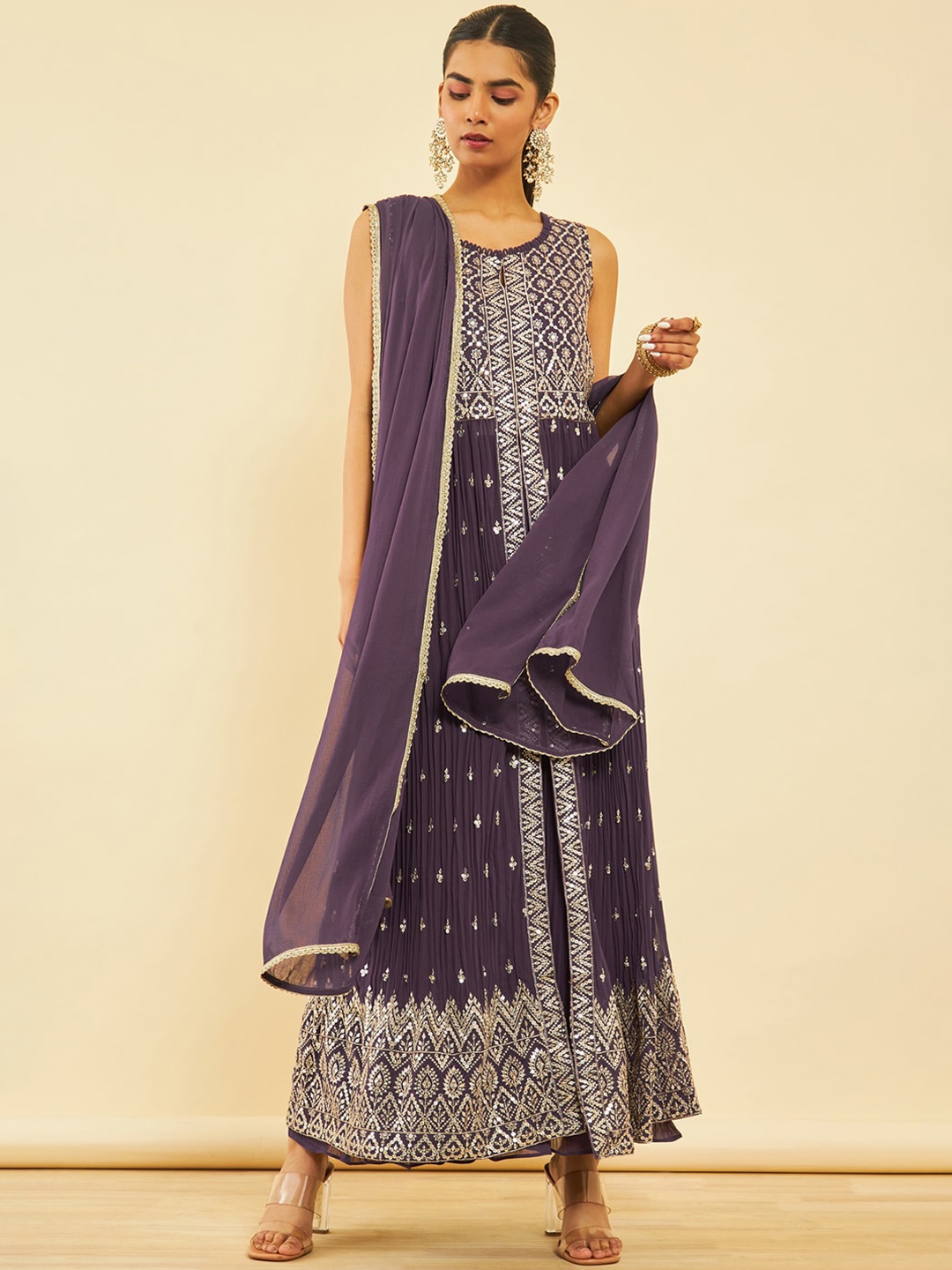 

Soch Ethnic Motifs Embroidered Sequinned Georgette Kurta with Palazzos & Dupatta, Purple