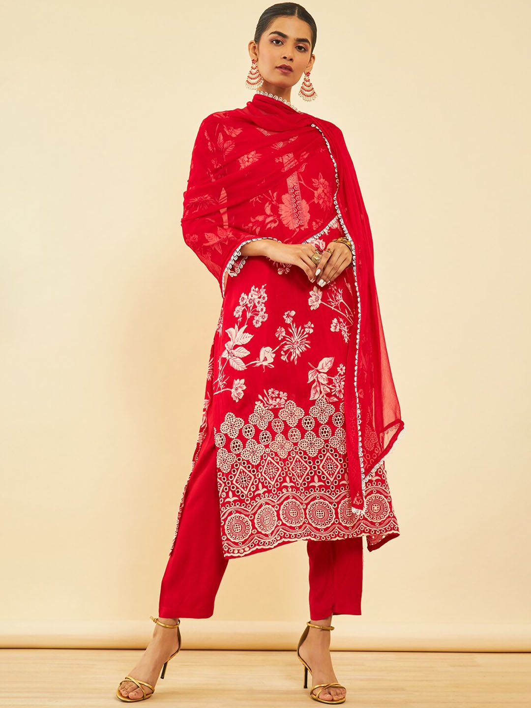

Soch Floral Printed Regular Pure Cotton Kurta With Trousers & Dupatta, Red