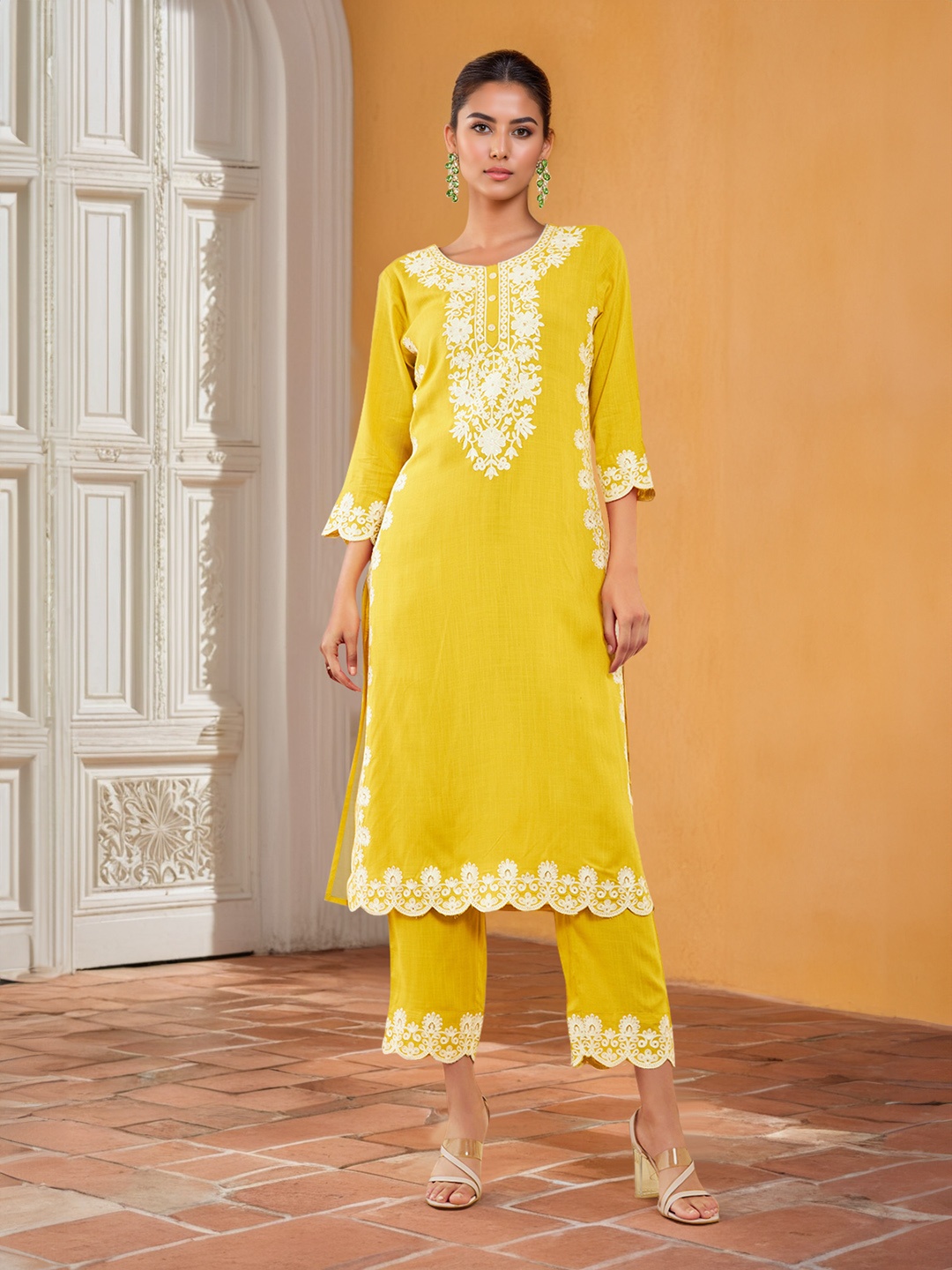 

Soch Floral Embroidered Regular Thread Work Kurta with Trousers, Mustard