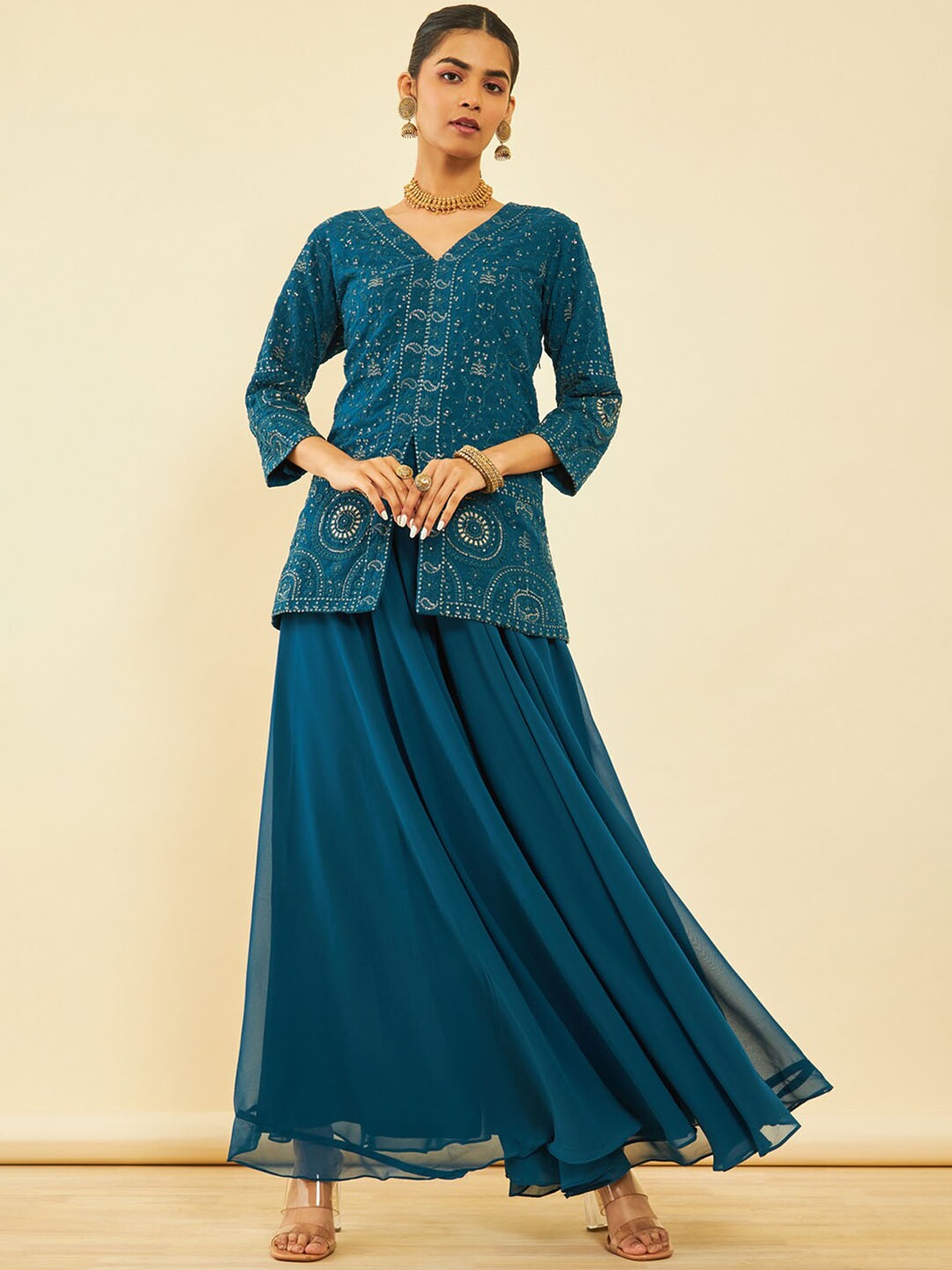 

Soch Wmen Ethnic Motifs Embroidered Regular Sequinned Kurta With Palazzos & Dupatta, Teal