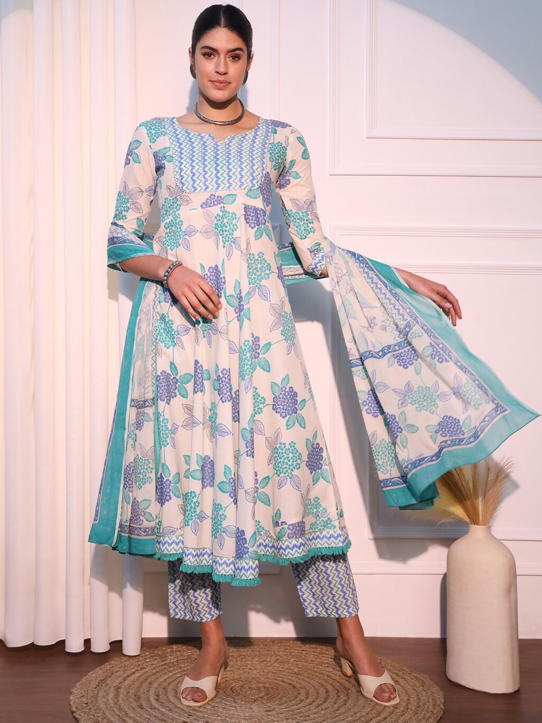 

KALINI Floral Printed Gotta Patti Pure Cotton Anarkali Kurta With Trouser & Dupatta, White