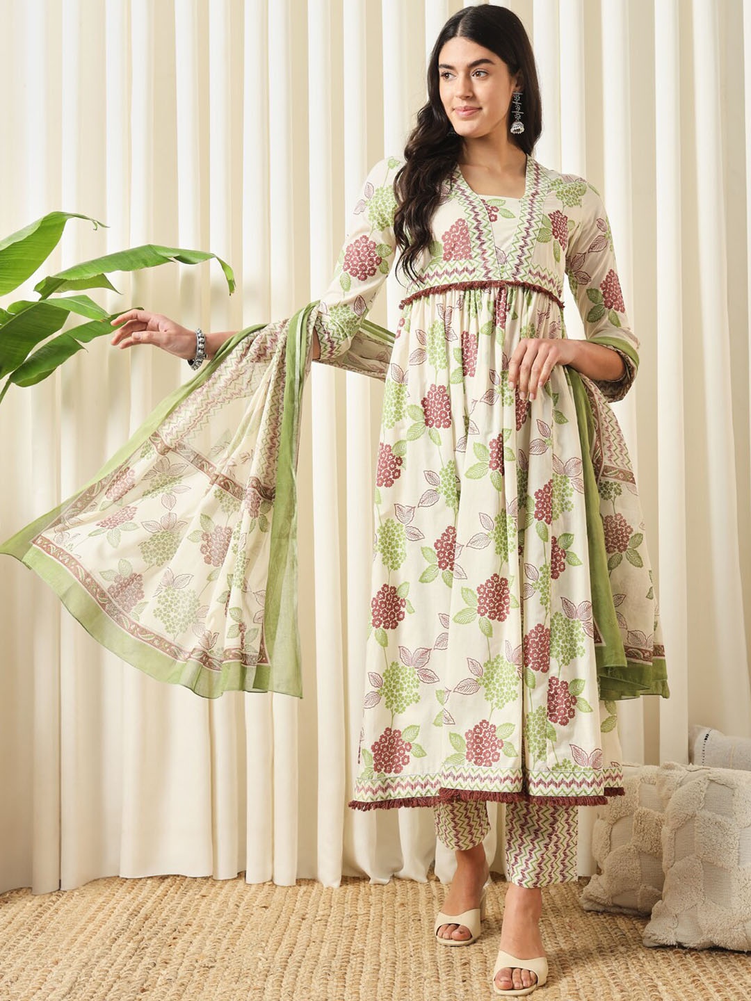 

KALINI Floral Printed Empire Pure Cotton Flared Anarkali Kurta With Trousers & Dupatta, Green