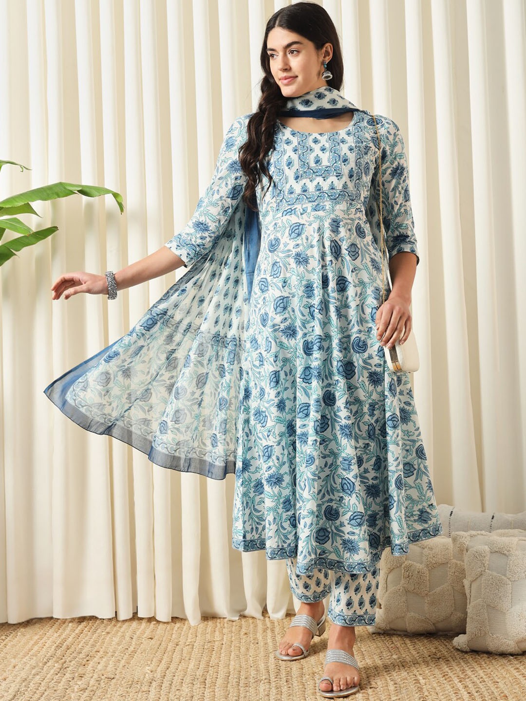 

KALINI Floral Printed Empire Pure Cotton Flared Anarkali Kurta With Trousers & Dupatta, Blue