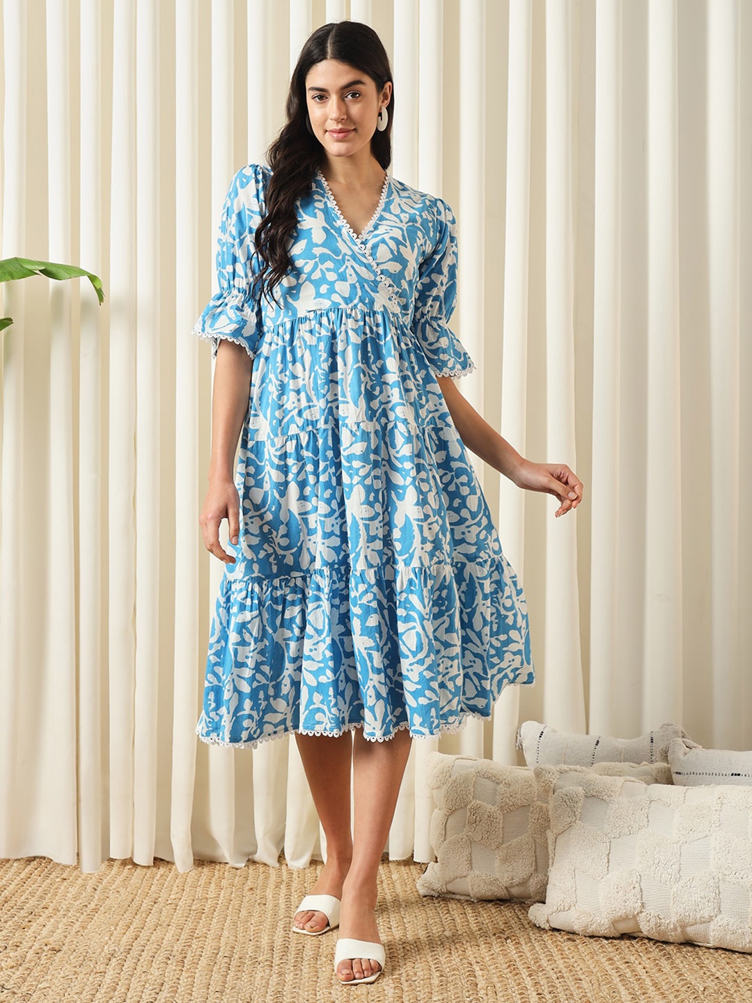 

KALINI Floral Printed V-Neck Empire Cotton Opaque Casual Dress, Blue