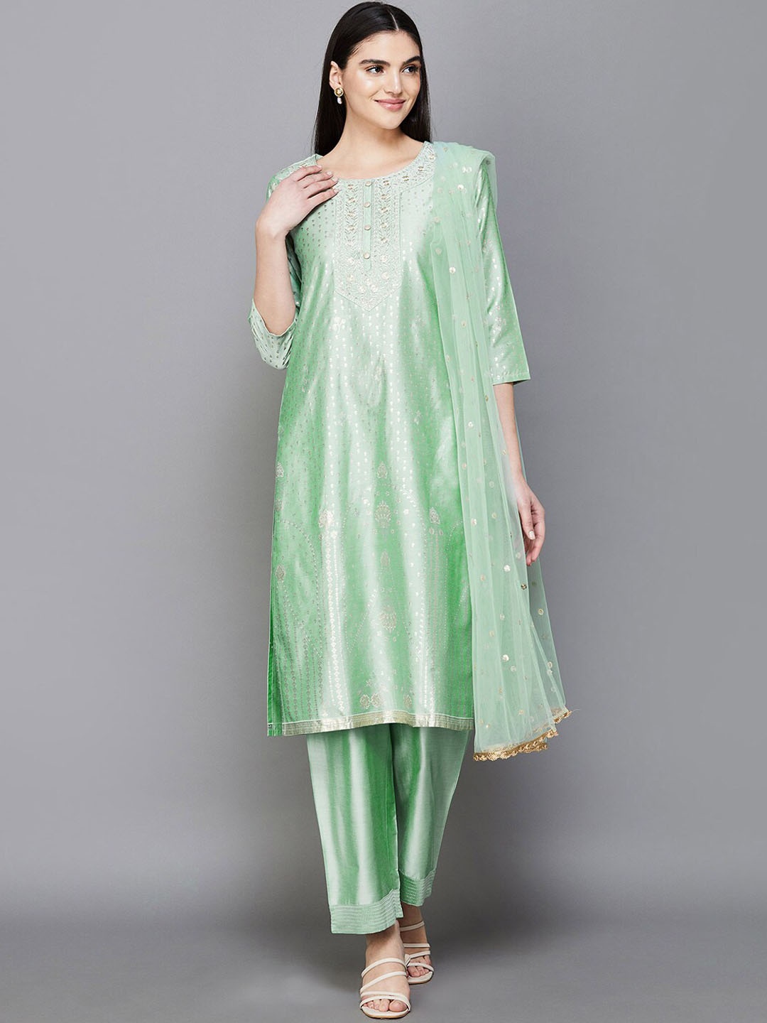 

Melange by Lifestyle Ethnic Motifs Printed Straight Kurta With Pyjama & Dupatta, Olive