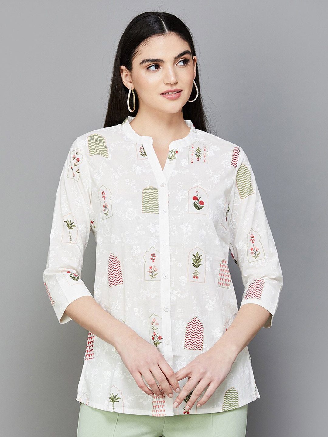 

Melange by Lifestyle Mandarin Collar Printed Cotton Tunic, Off white