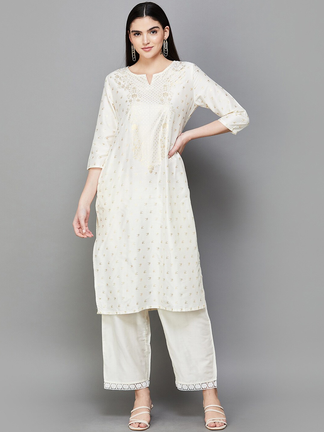 

Melange by Lifestyle Floral Woven Design Notched Neck Straight Kurta, Off white