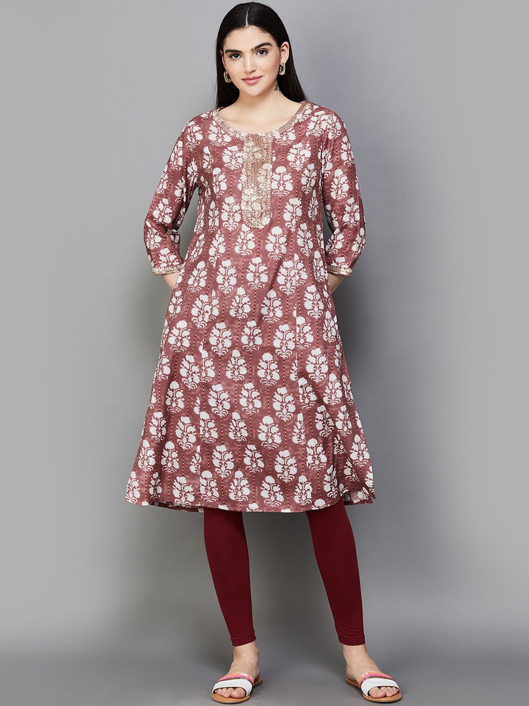 

Melange by Lifestyle Floral Printed Round Neck A-Line Kurta, Pink