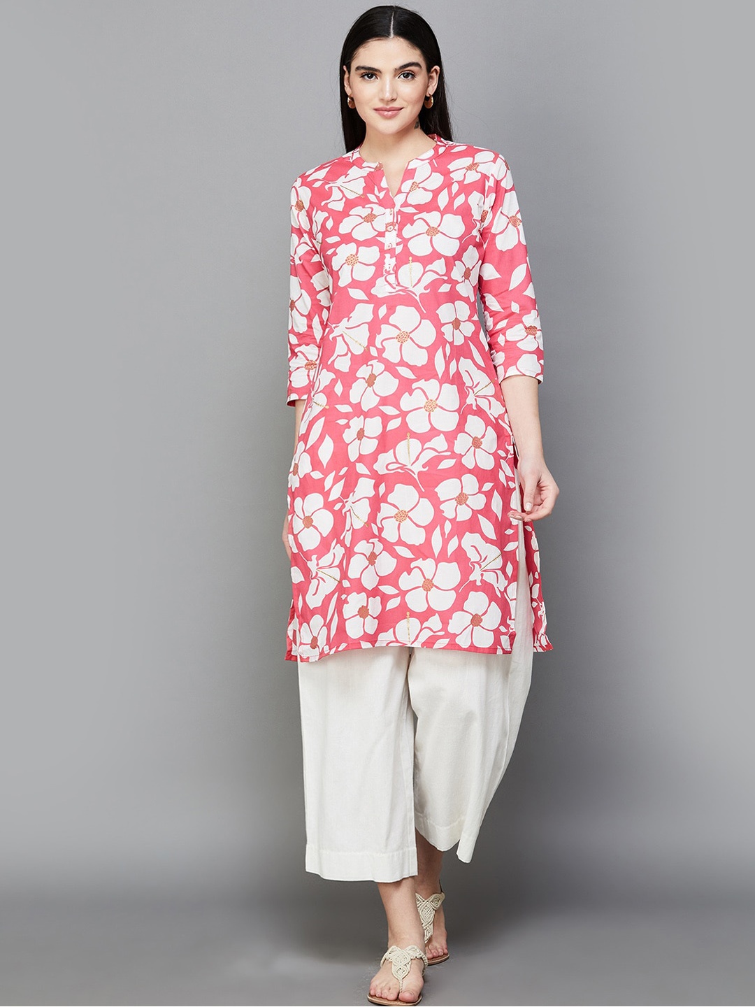 

Melange by Lifestyle Floral Printed Notch Neck Straight Kurta, Pink