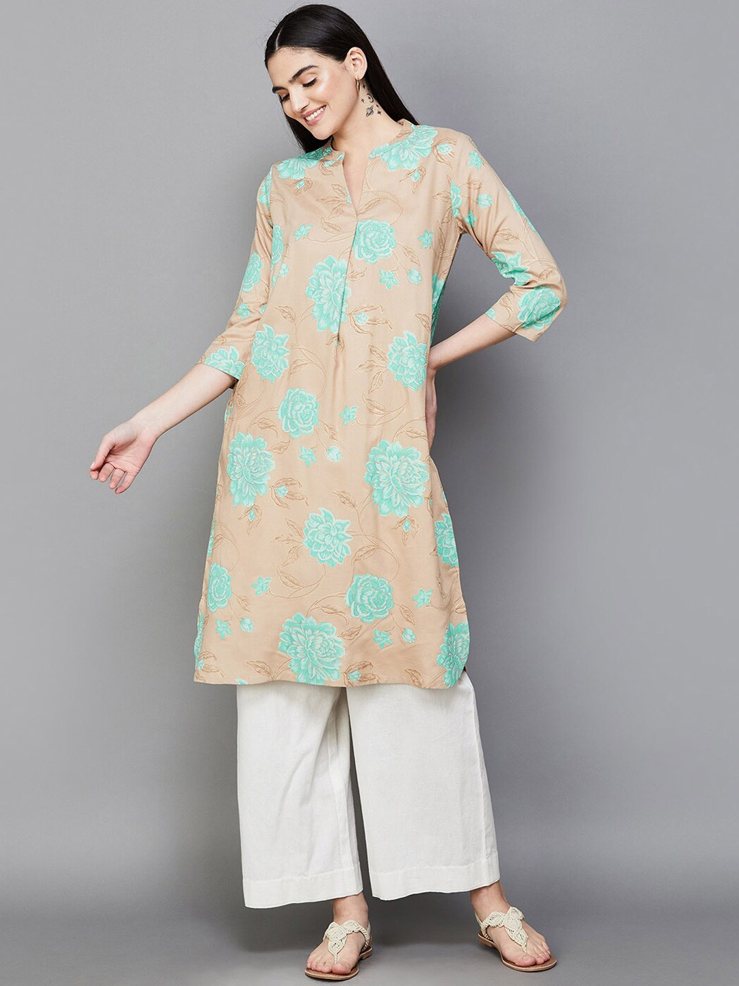 

Melange by Lifestyle Floral Printed Thread Work Straight Kurta, Brown