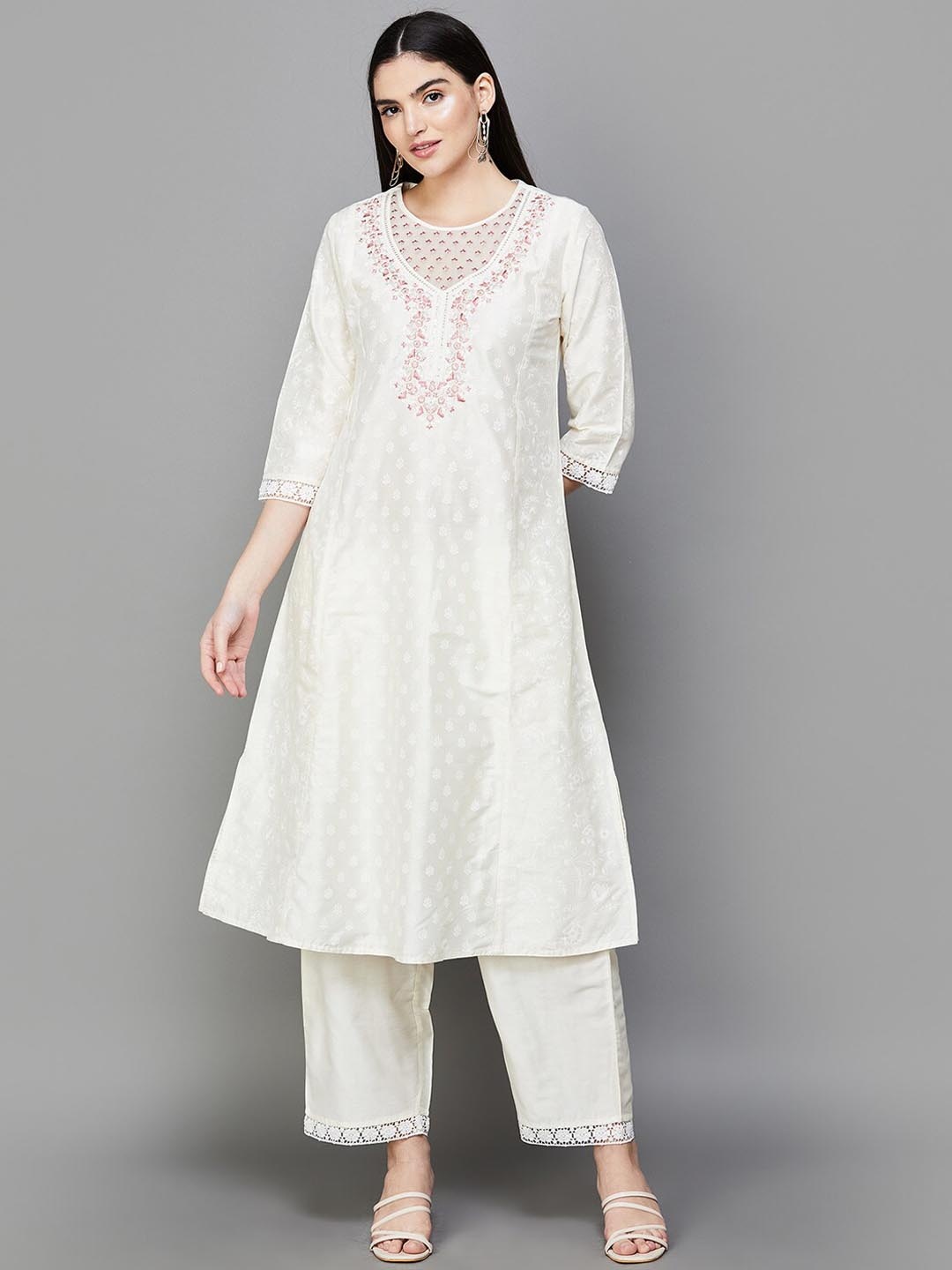 

Melange by Lifestyle Ethnic Motifs Embroidered A-Line Kurta with Palazzos & Dupatta, Off white