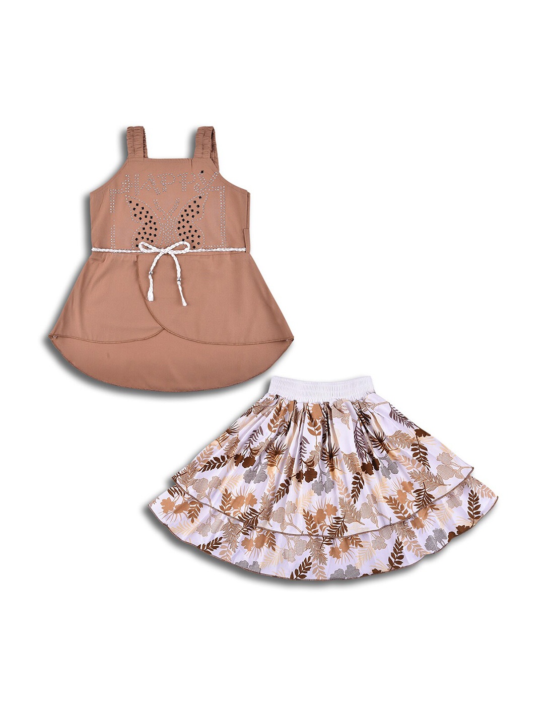 

Wish Karo Girls Embellished Shoulder Straps Sleeveless Top With Skirt, Brown