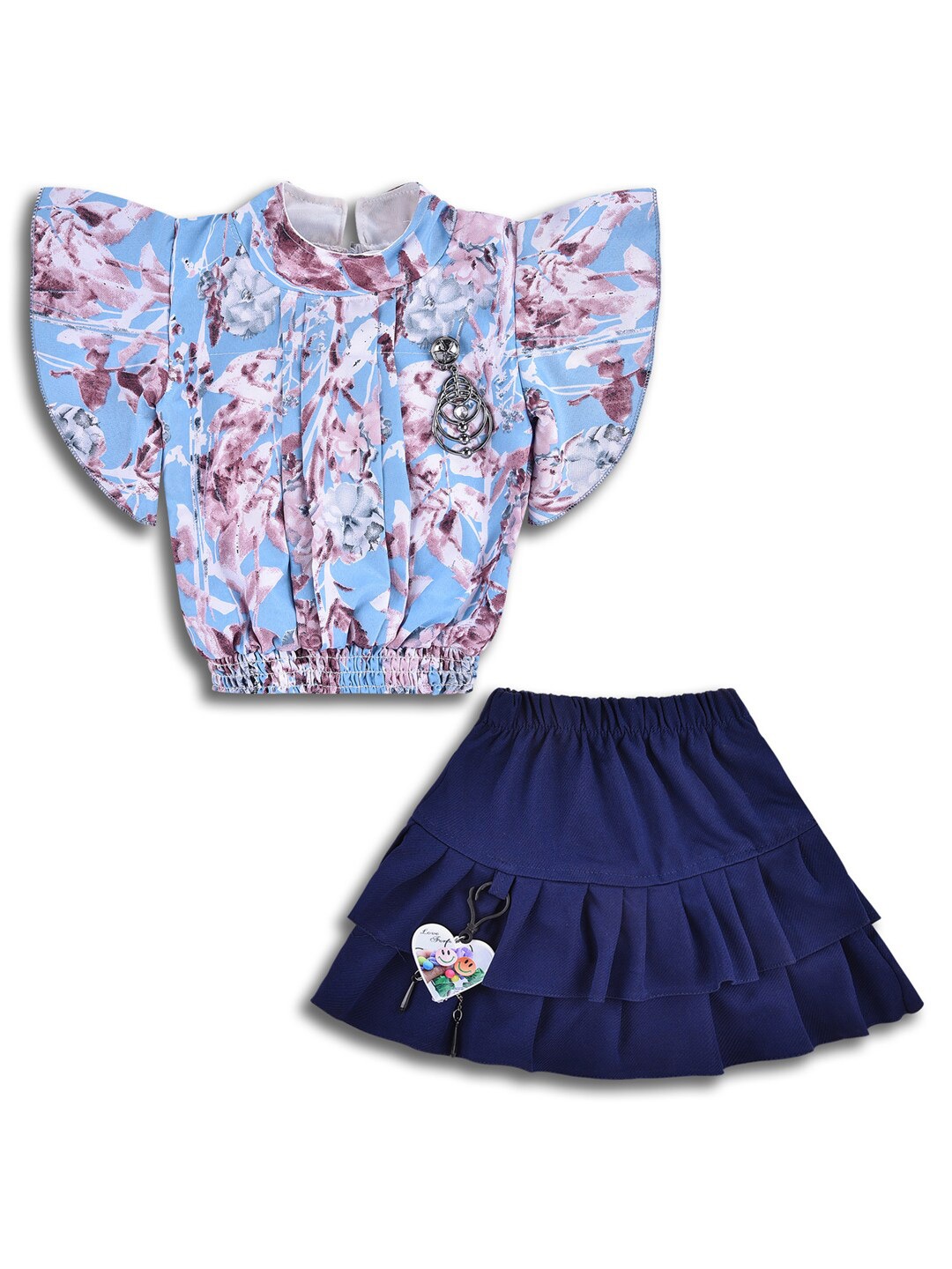 

Wish Karo Girls Printed Flared Sleeves Top With Skirt, Blue
