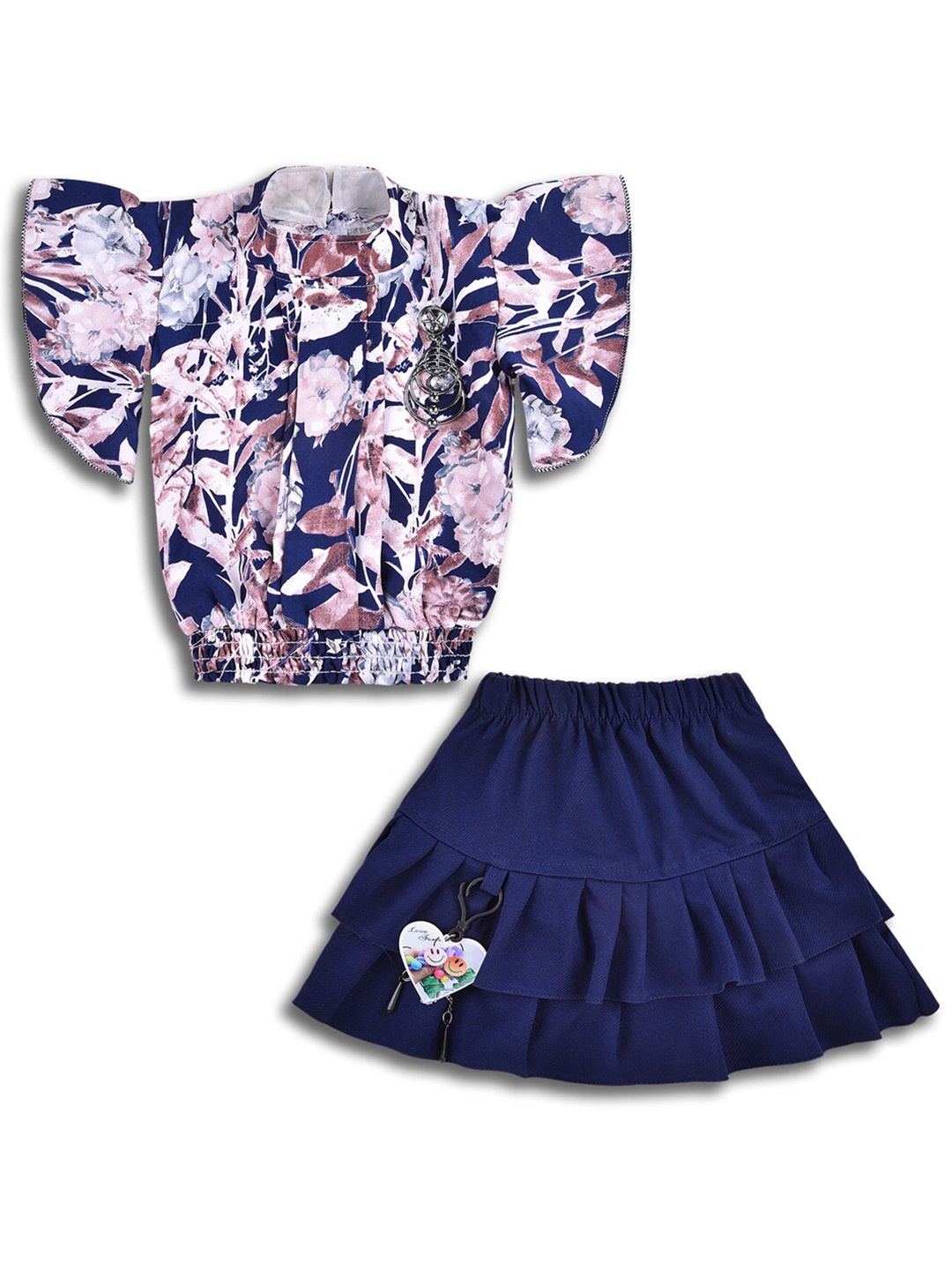 

Wish Karo Girls Printed Flared Sleeves Top With Skirt, Navy blue