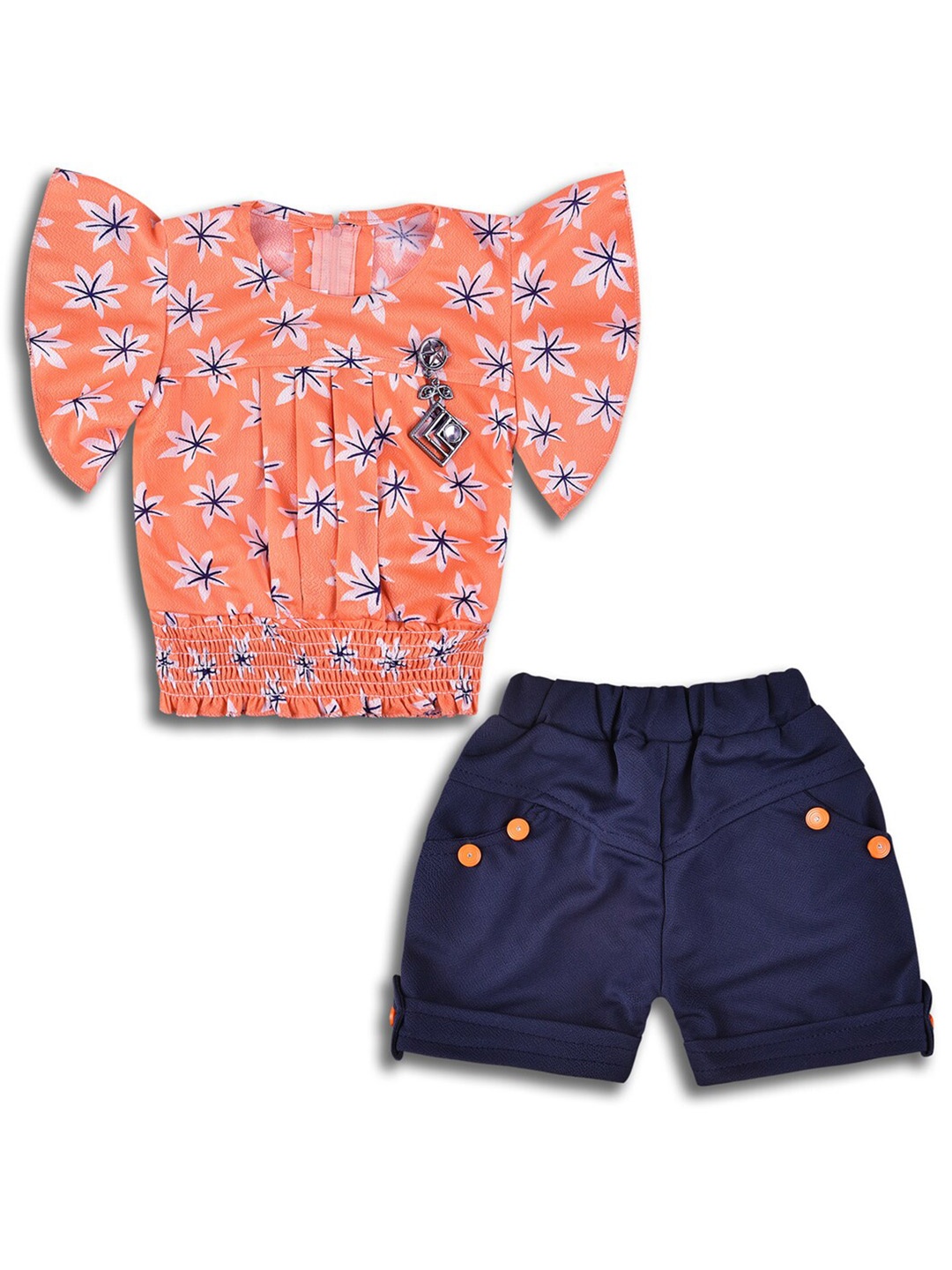 

Wish Karo Girls Printed Flared Sleeves Top With Shorts, Orange