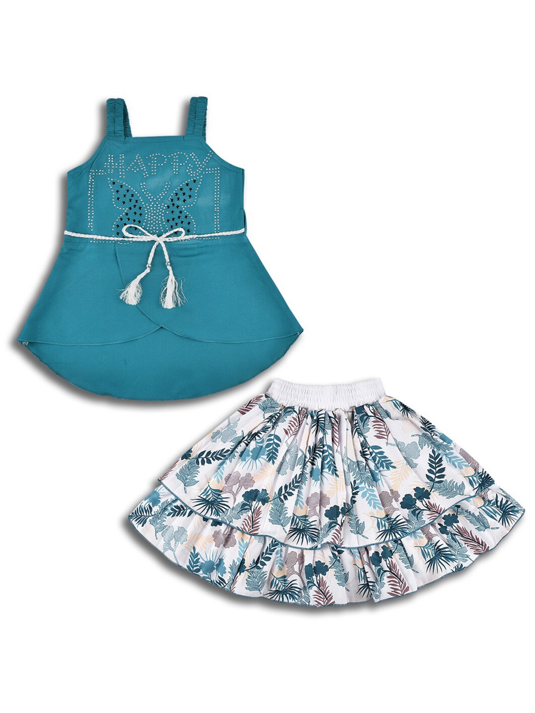 

Wish Karo Girls Embellished Shoulder Straps Sleeveless Top With Skirt, Sea green