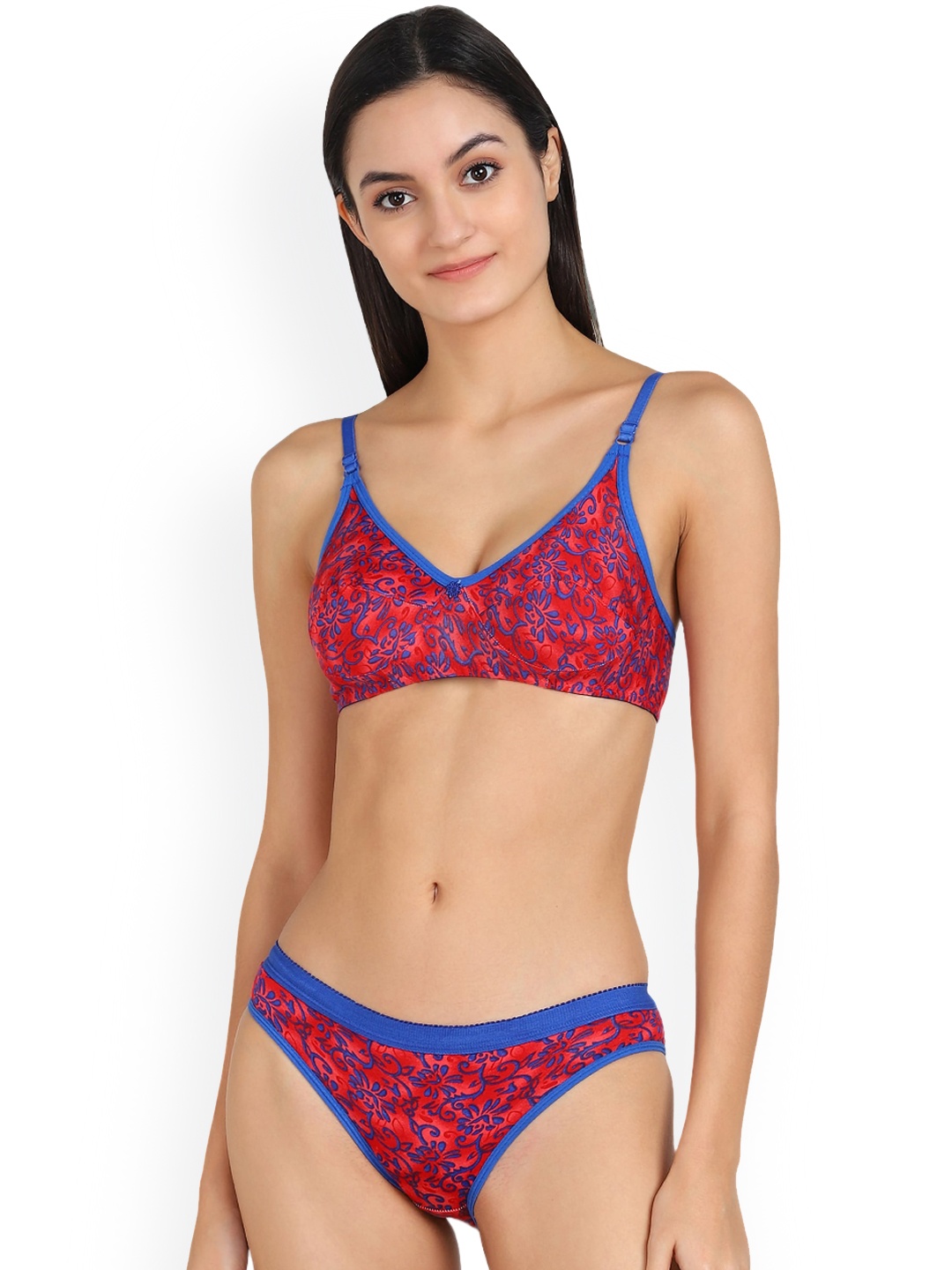 AROUSY Floral Printed Cotton Lingerie Set, Red