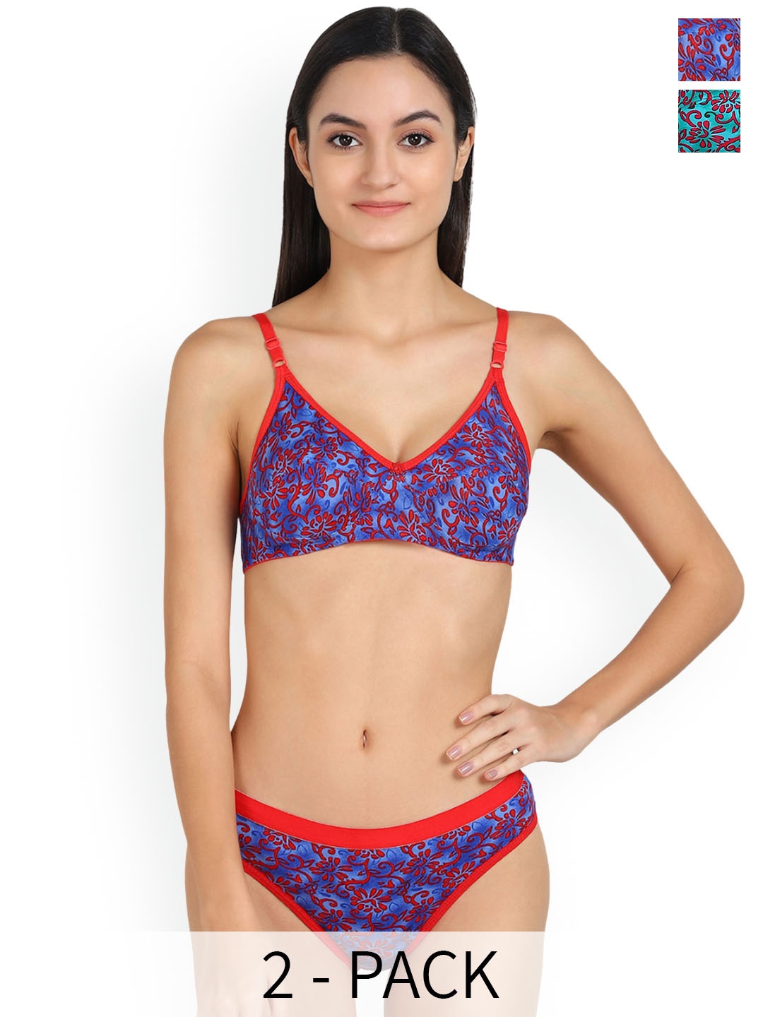

AROUSY Pack Of 2 Floral Printed Cotton Lingerie Set, Blue
