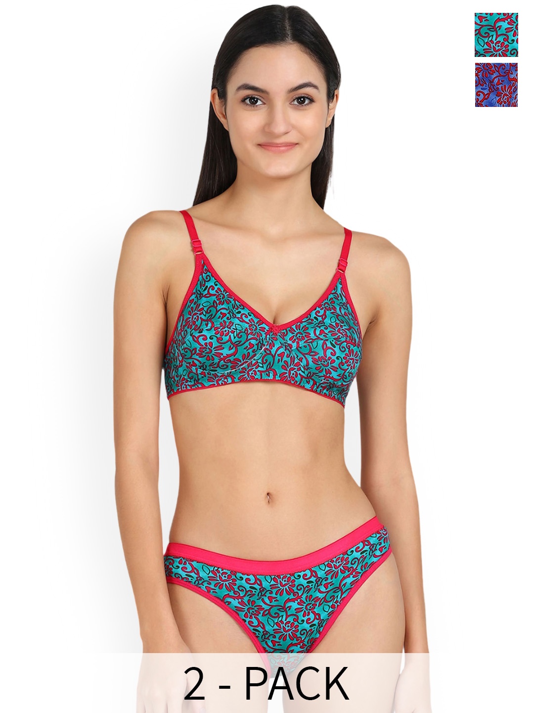 AROUSY Pack Of 2 Floral Printed Cotton Lingerie Sets, Blue
