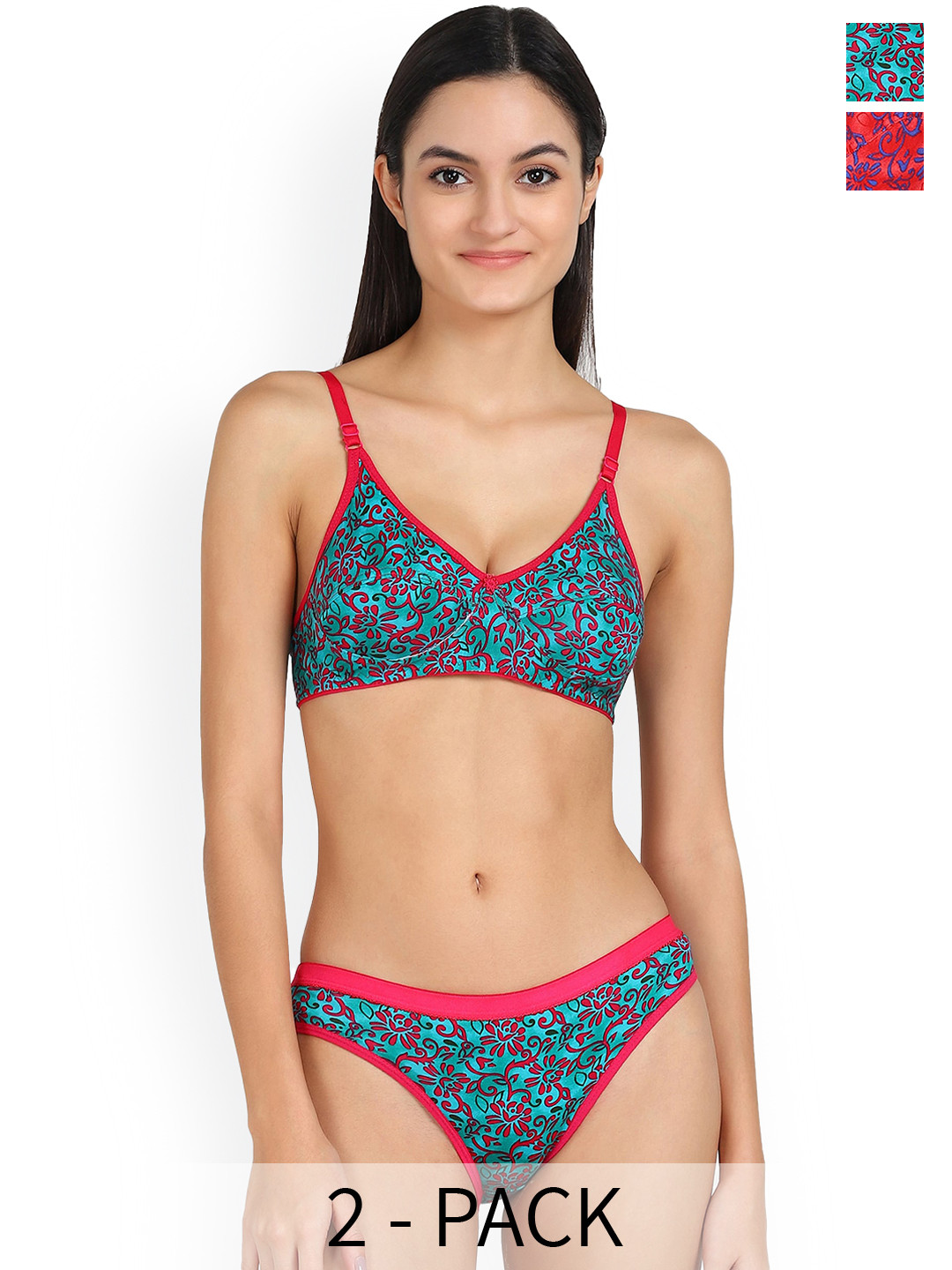 

PIBU Pack Of 2 Printed Cotton Lingerie Set, Red