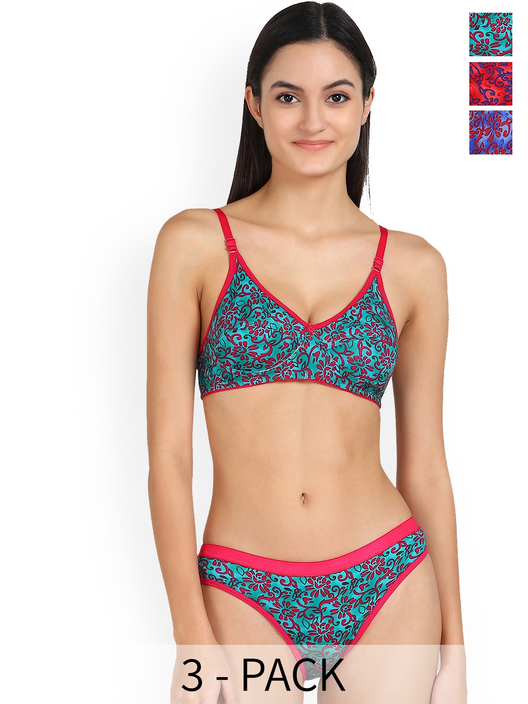 PIBU Pack Of 3 Printed Cotton Lingerie Set, Red