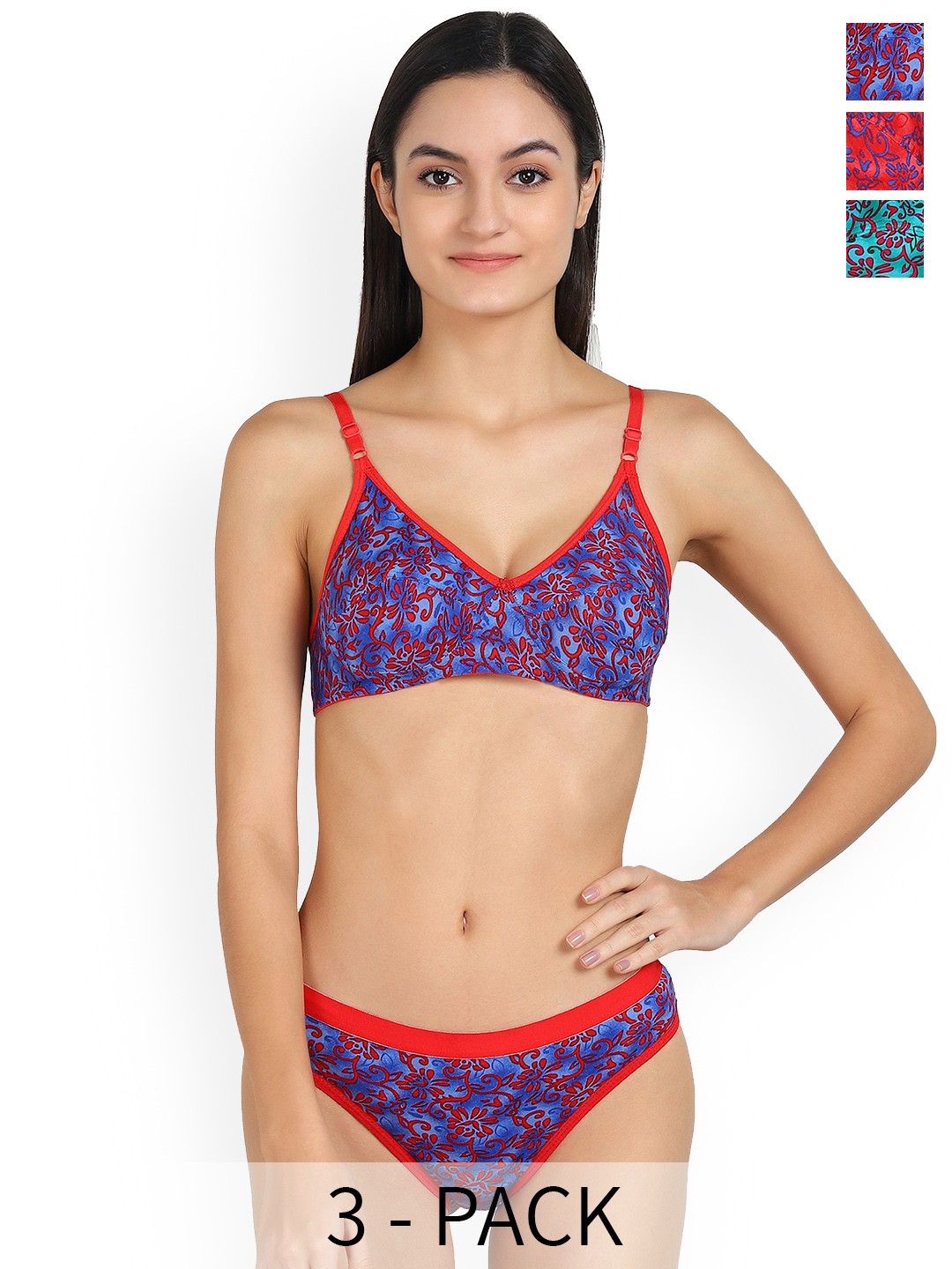 

PIBU Pack Of 3 Printed Cotton Lingerie Set, Red