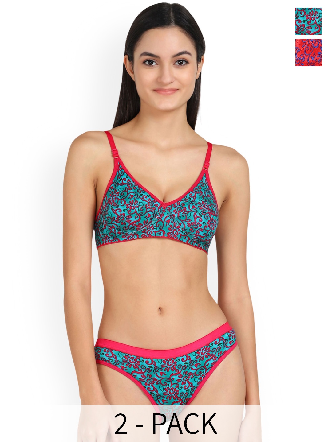

PIBU Pack Of 2 Printed Cotton Lingerie Set, Red