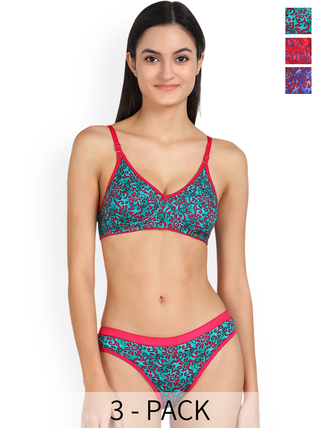 PIBU Pack Of 3 Printed Cotton Lingerie Set, Red