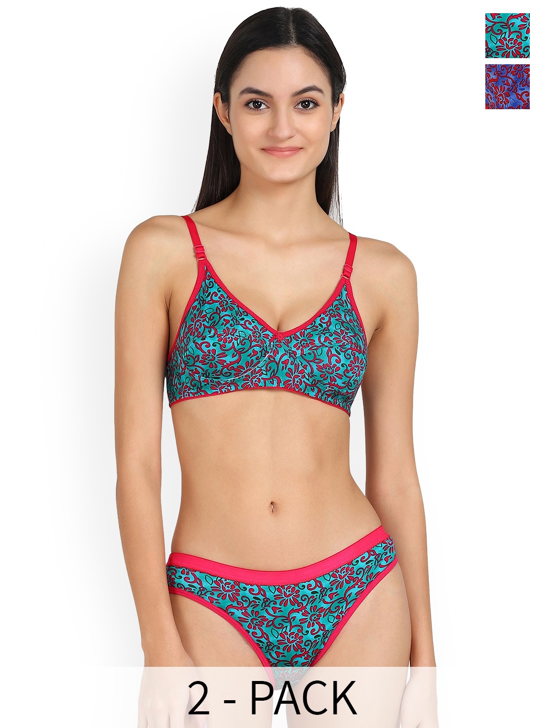 PIBU Pack Of 2 Printed Cotton Lingerie Set, Blue