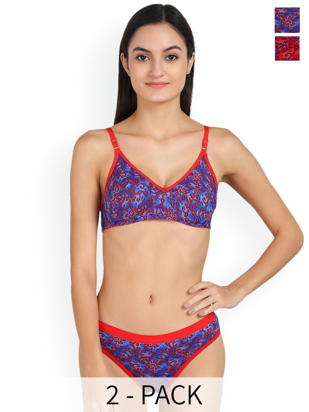 

PIBU Pack Of 2 Printed Cotton Lingerie Set, Red