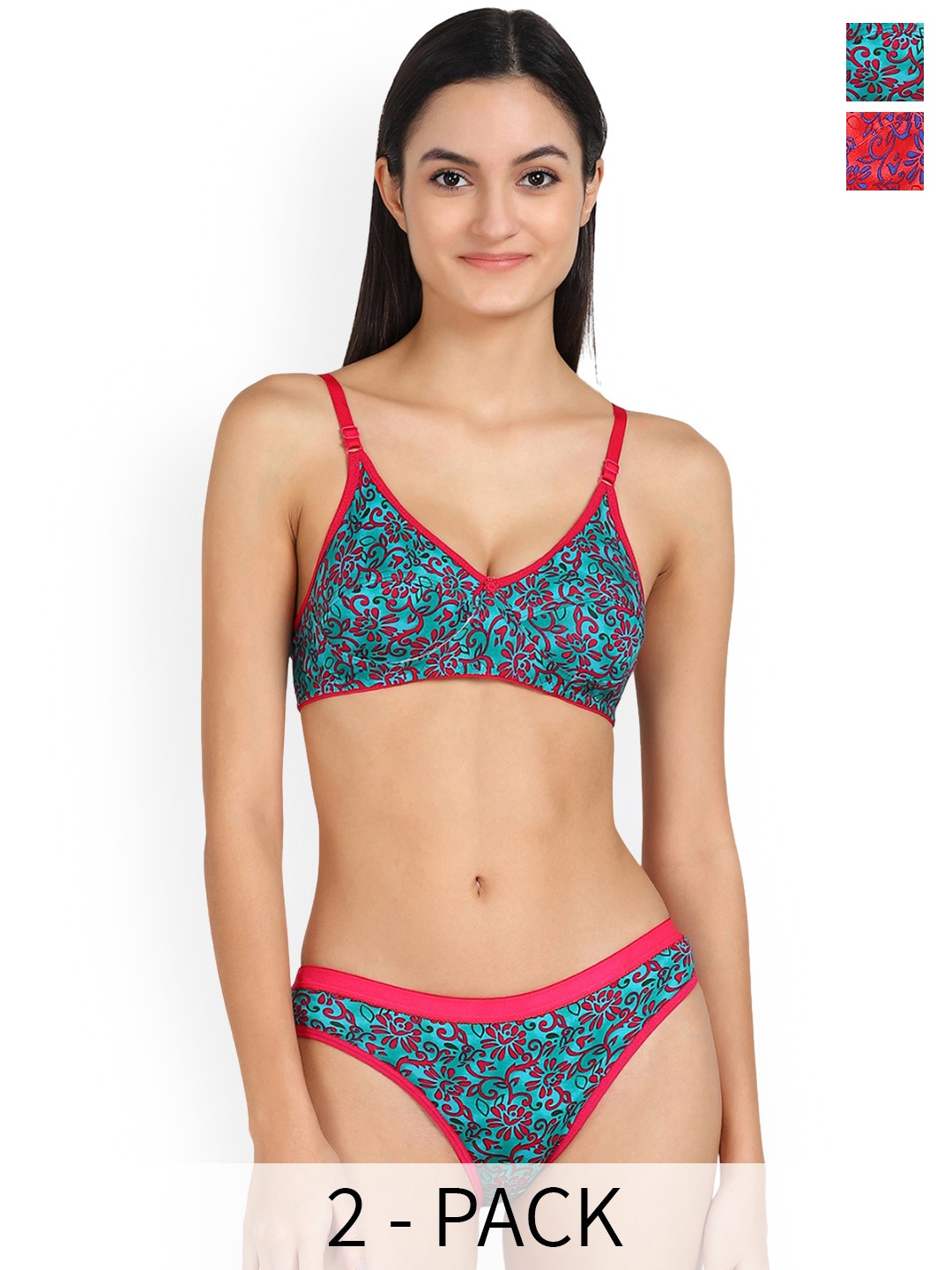 

PIBU Pack Of 2 Printed Cotton Lingerie Set, Red