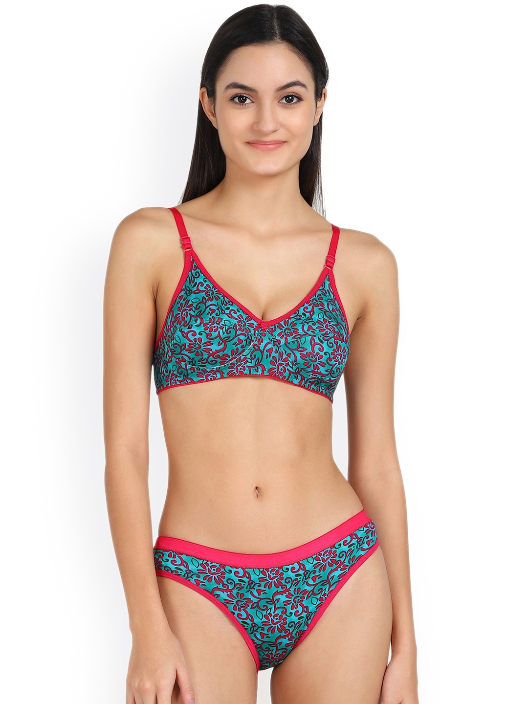 

In-Curve Floral Printed Non Padded Breathable Cotton Lingerie Set, Green