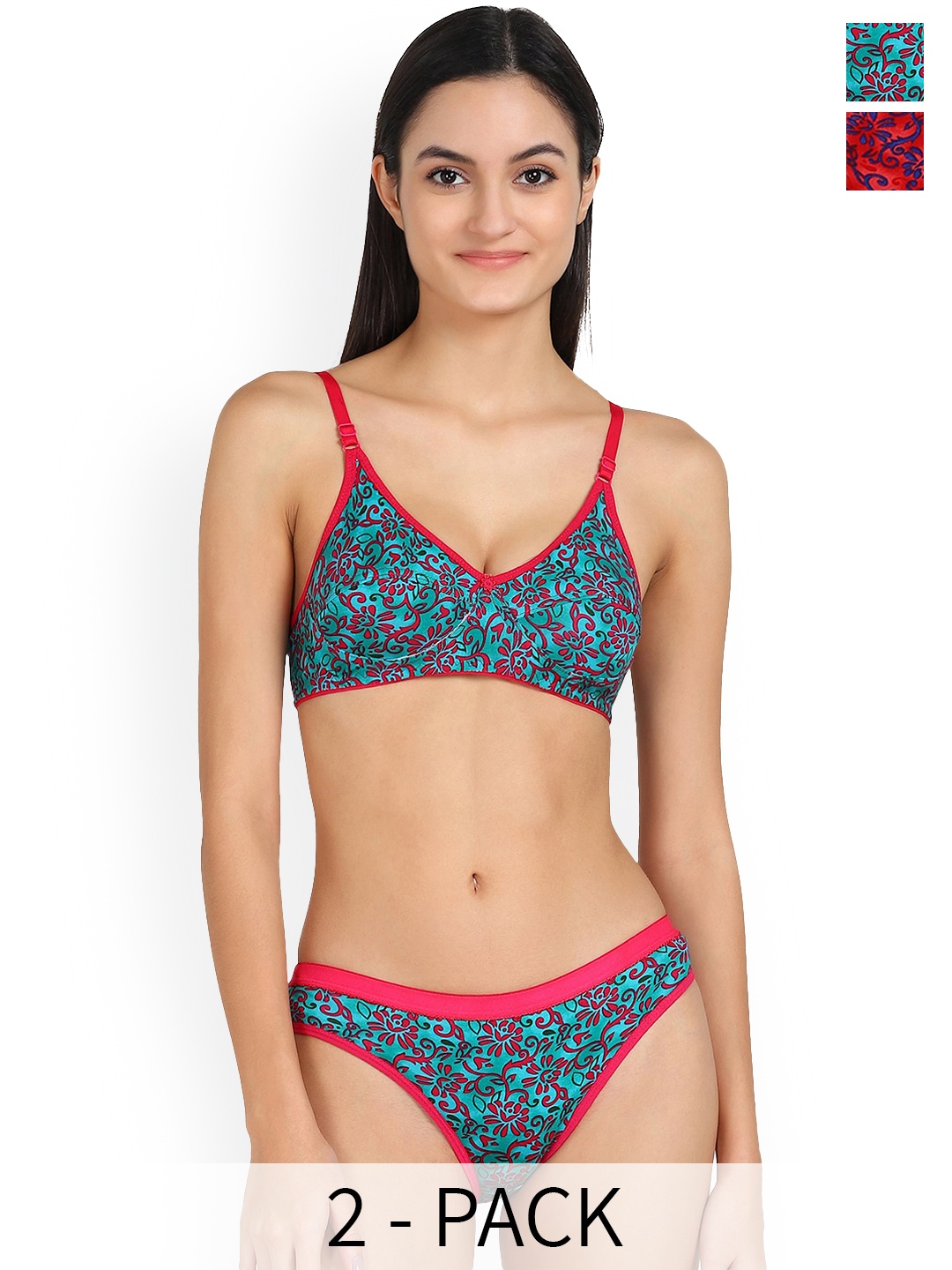 

In-Curve Pack Of 2 Floral Printed Non Padded Breathable Cotton Lingerie Set, Red