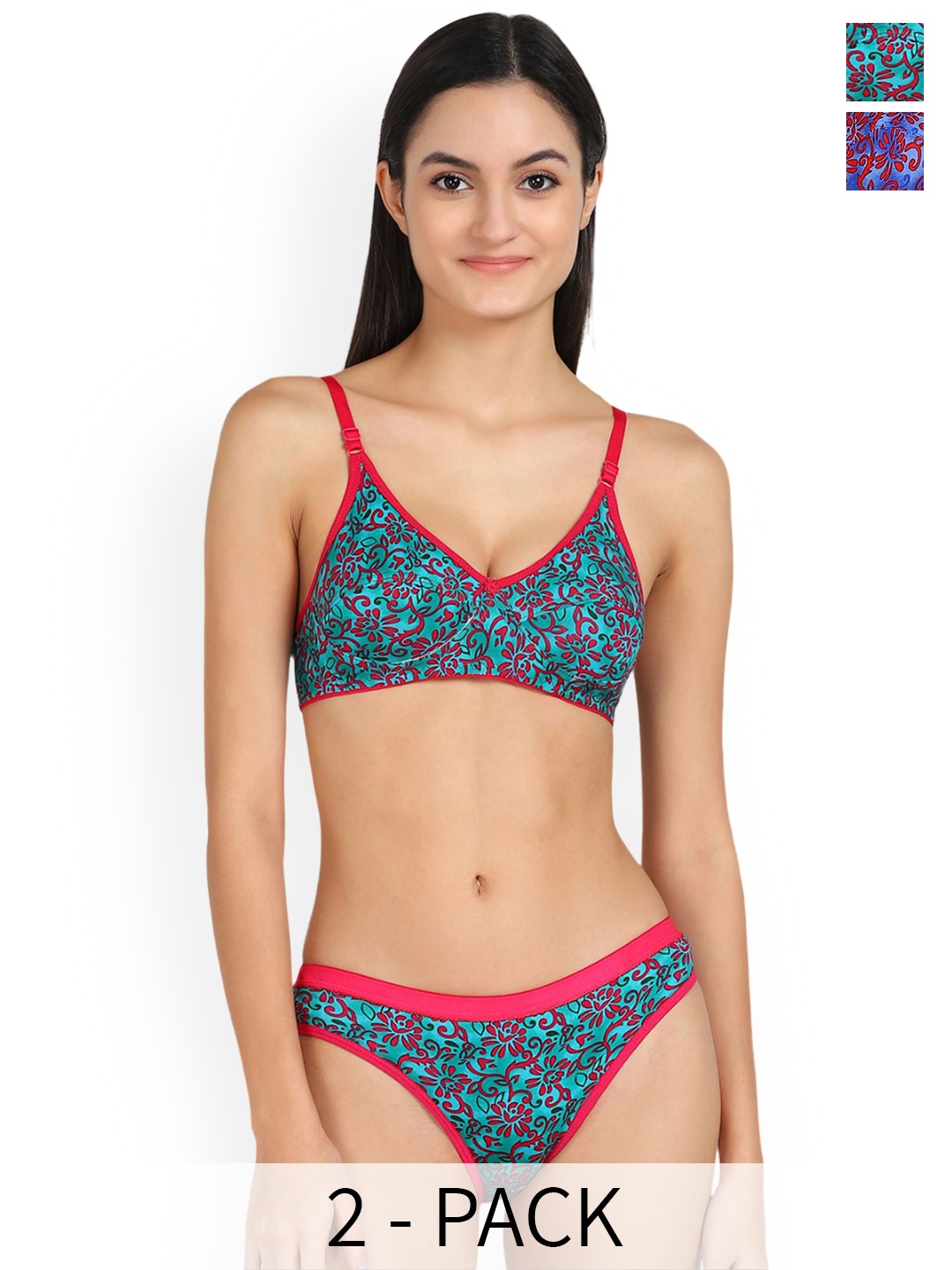 

In-Curve Pack Of 2 Floral Printed Non Padded Breathable Cotton Lingerie Set, Blue