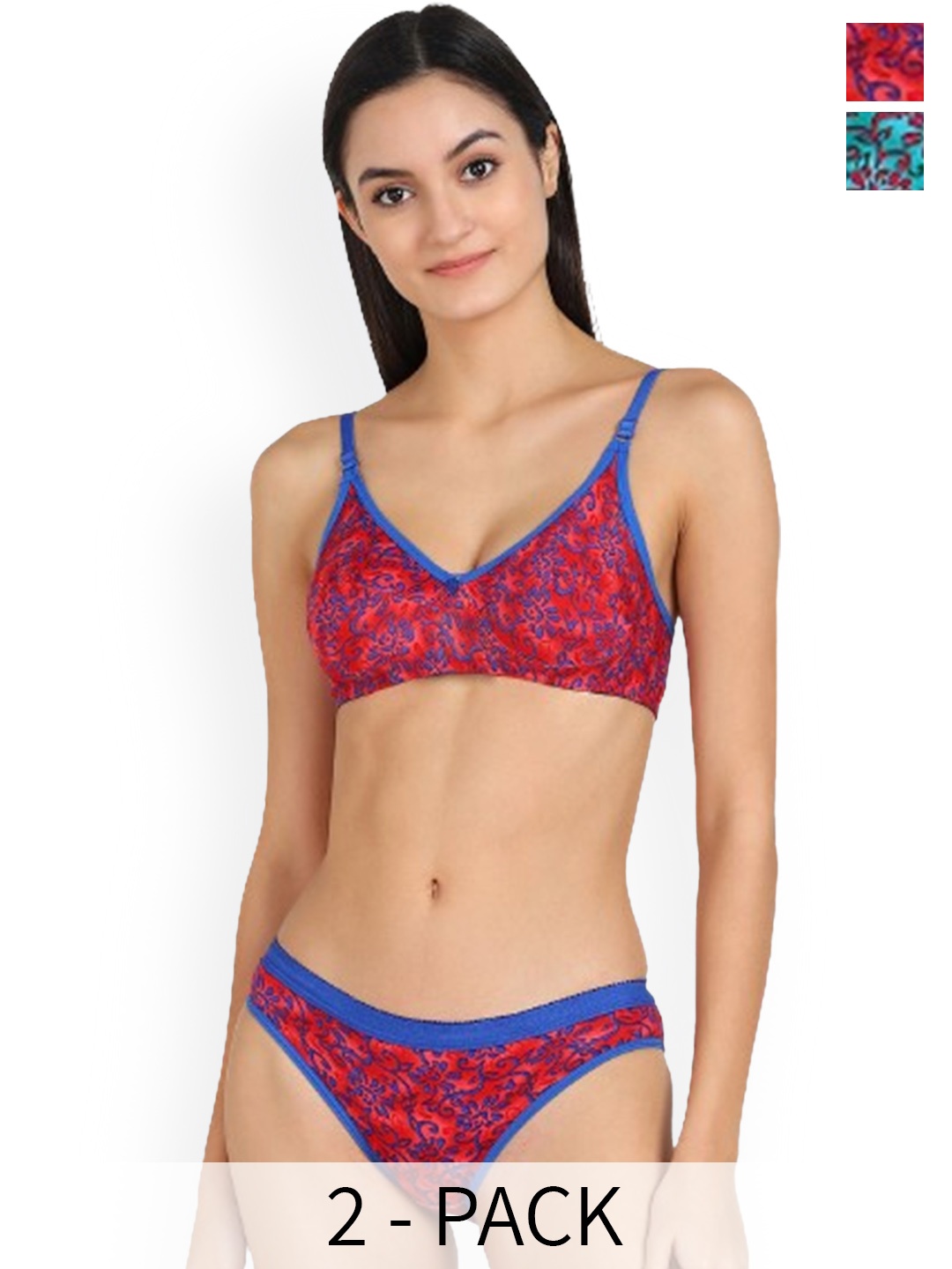 

In-Curve Pack Of 2 Printed Mid-Rise Cotton Lingerie Set, Red