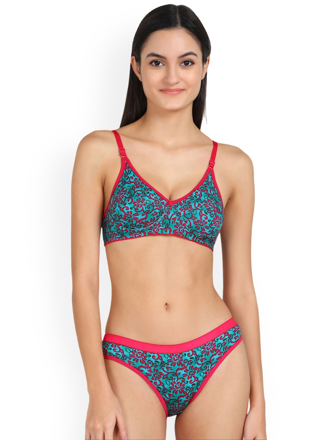 

In-Curve Floral Printed Non Padded Breathable Cotton Lingerie Set, Green