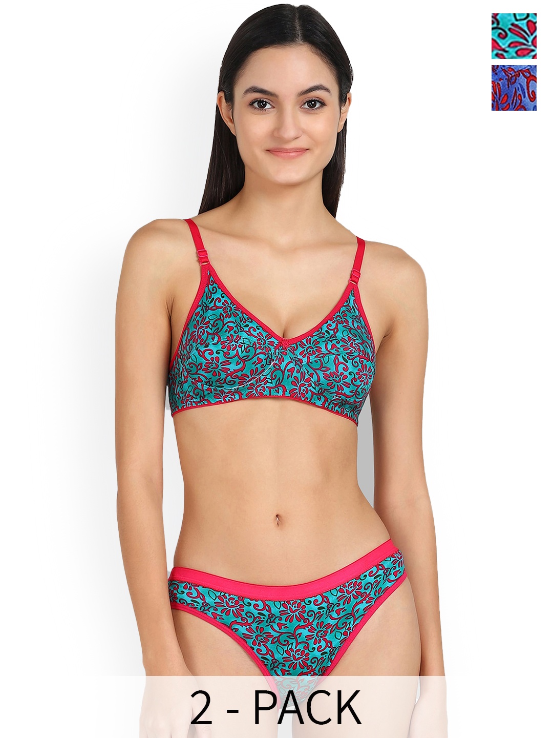 

In-Curve Pack Of 2 Floral Printed Non Padded Breathable Cotton Lingerie Set, Blue